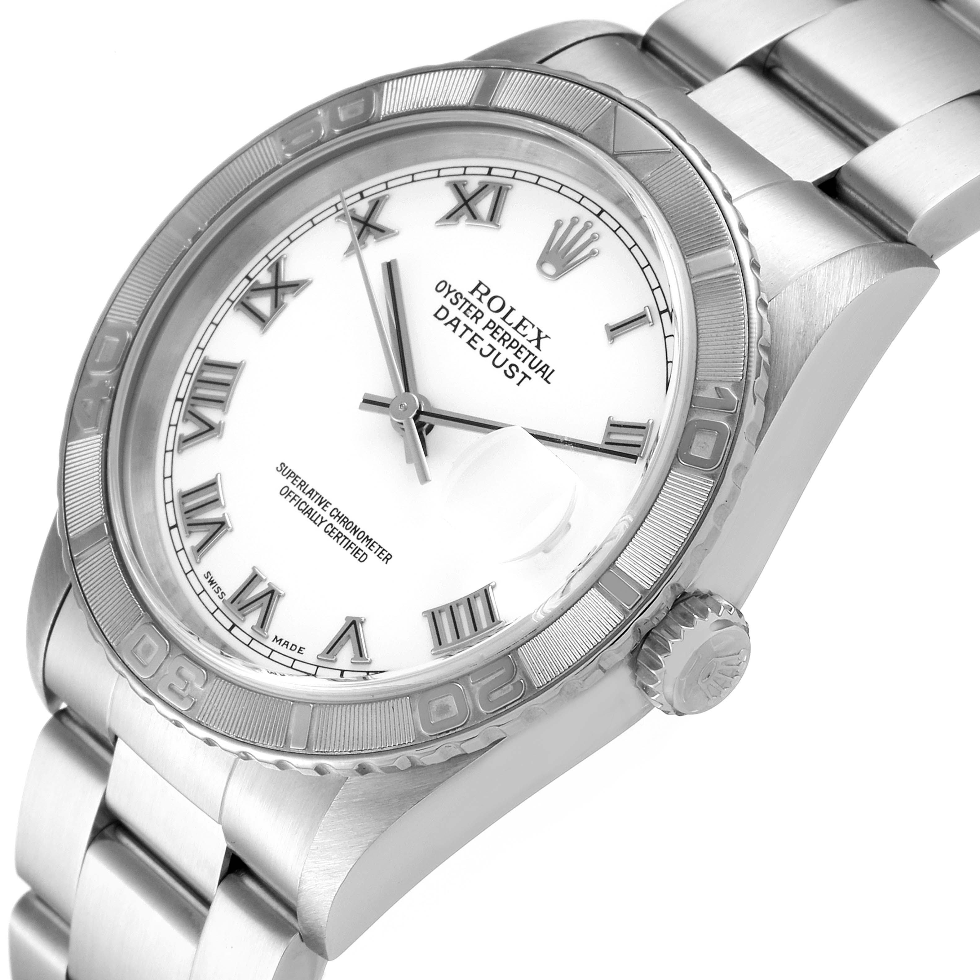 This image shows a Rolex Turn-o-Graph 16264 Men
s Stainless Steel White Dial 16264 Men
s Stainless Steel White Dial watch angled to display the face, bezel, crown, and part of the bracelet.