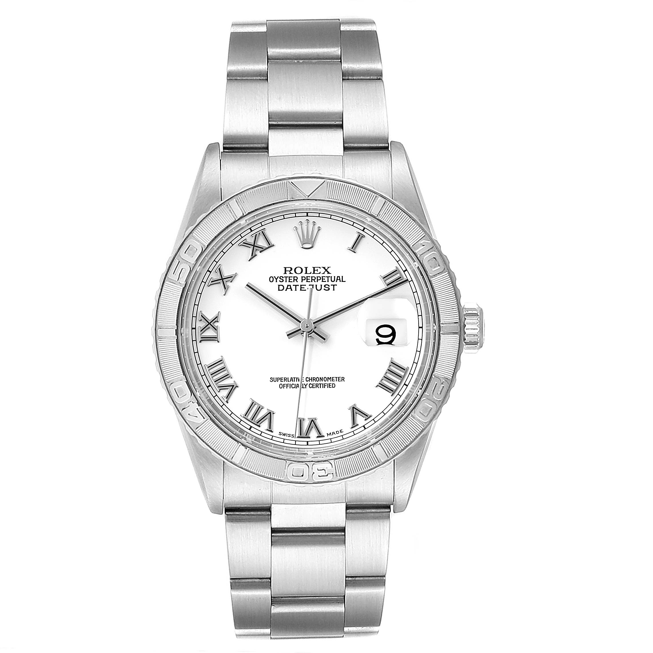 The Rolex Turn-o-Graph 16264 Men
s Stainless Steel White Dial 16264 Men
s Stainless Steel White Dial model is shown from a straight-on angle highlighting its dial, bezel, bracelet, and date function.