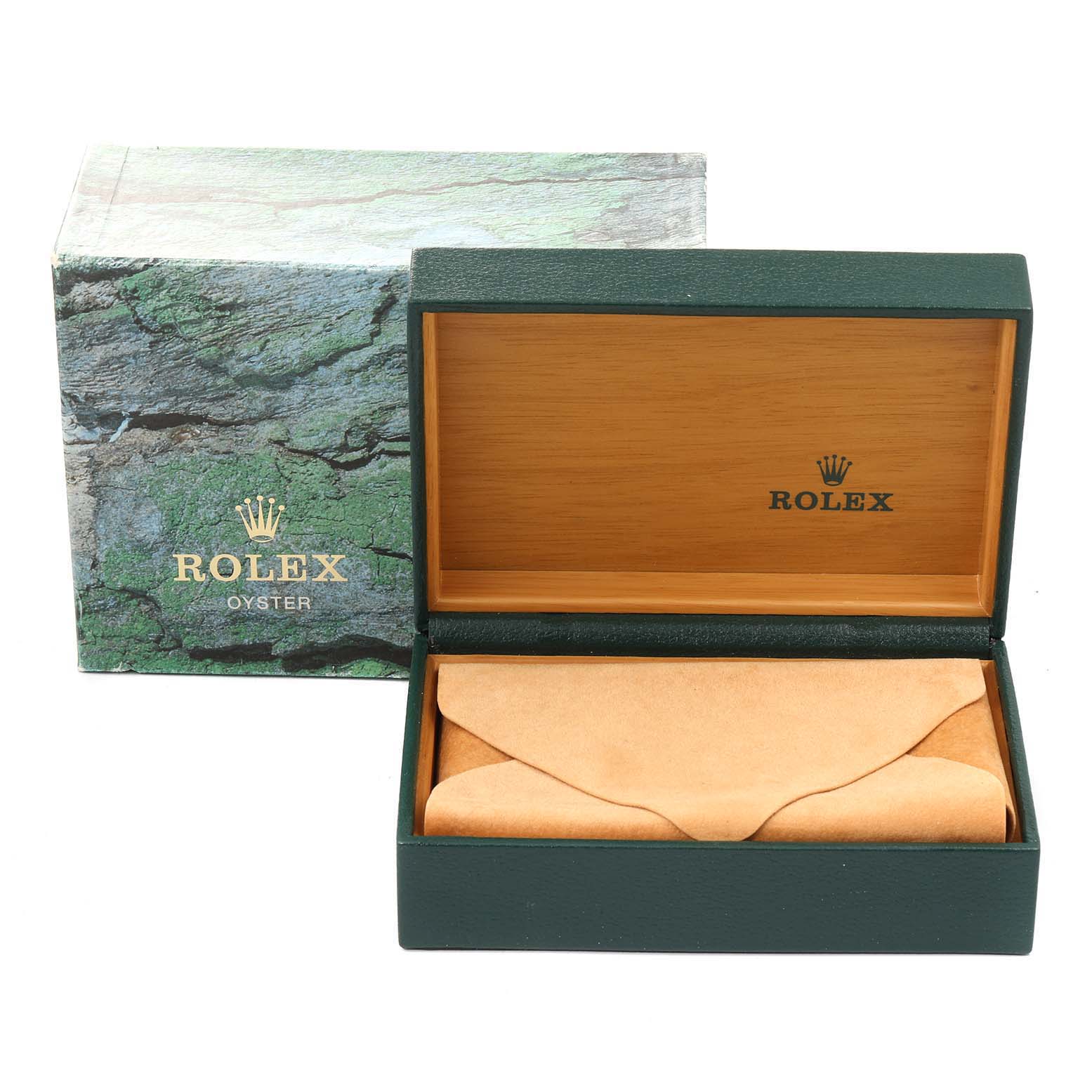 The image shows the box and packaging of a Rolex Turn-o-Graph 16264 Men
s Stainless Steel White Dial 16264 Men
s Stainless Steel White Dial watch, including an open green and wood-colored case with the watch inside an envelope.