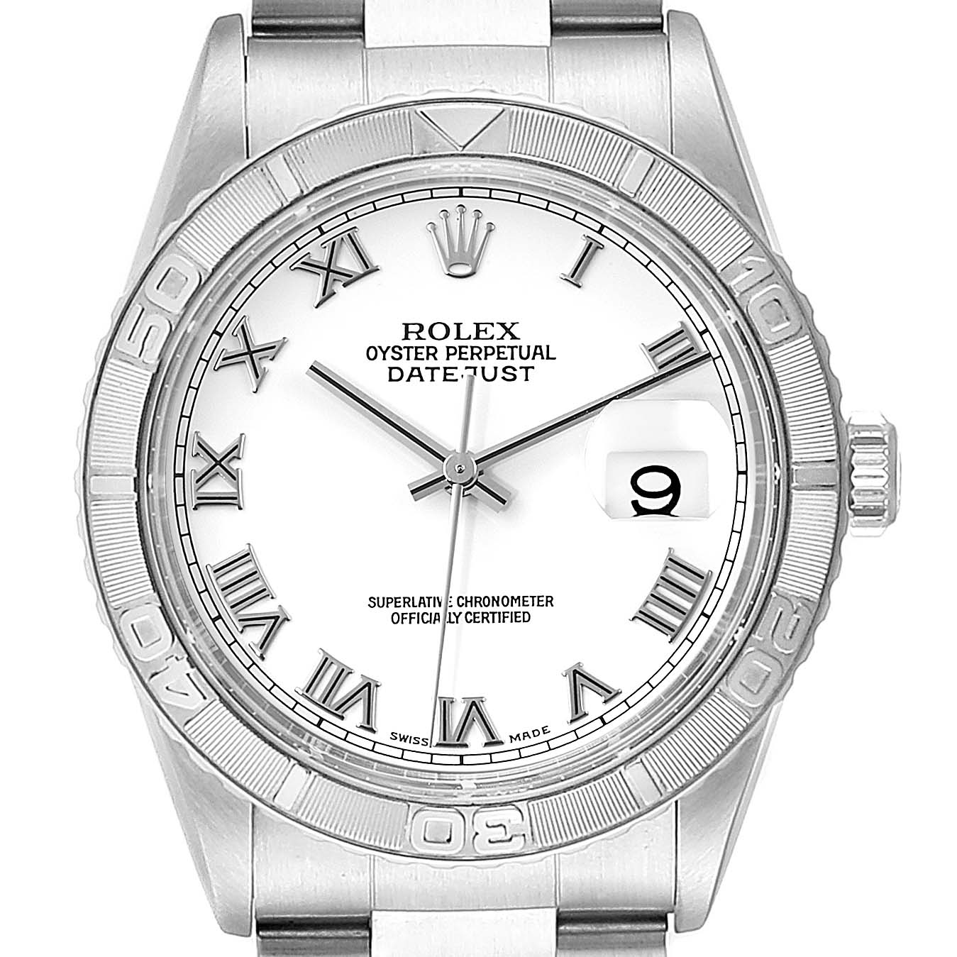 This image shows a front view of the Rolex Turn-o-Graph 16264 Men
s Stainless Steel White Dial 16264 Men
s Stainless Steel White Dial watch, displaying the dial, bezel, crown, and part of the bracelet.