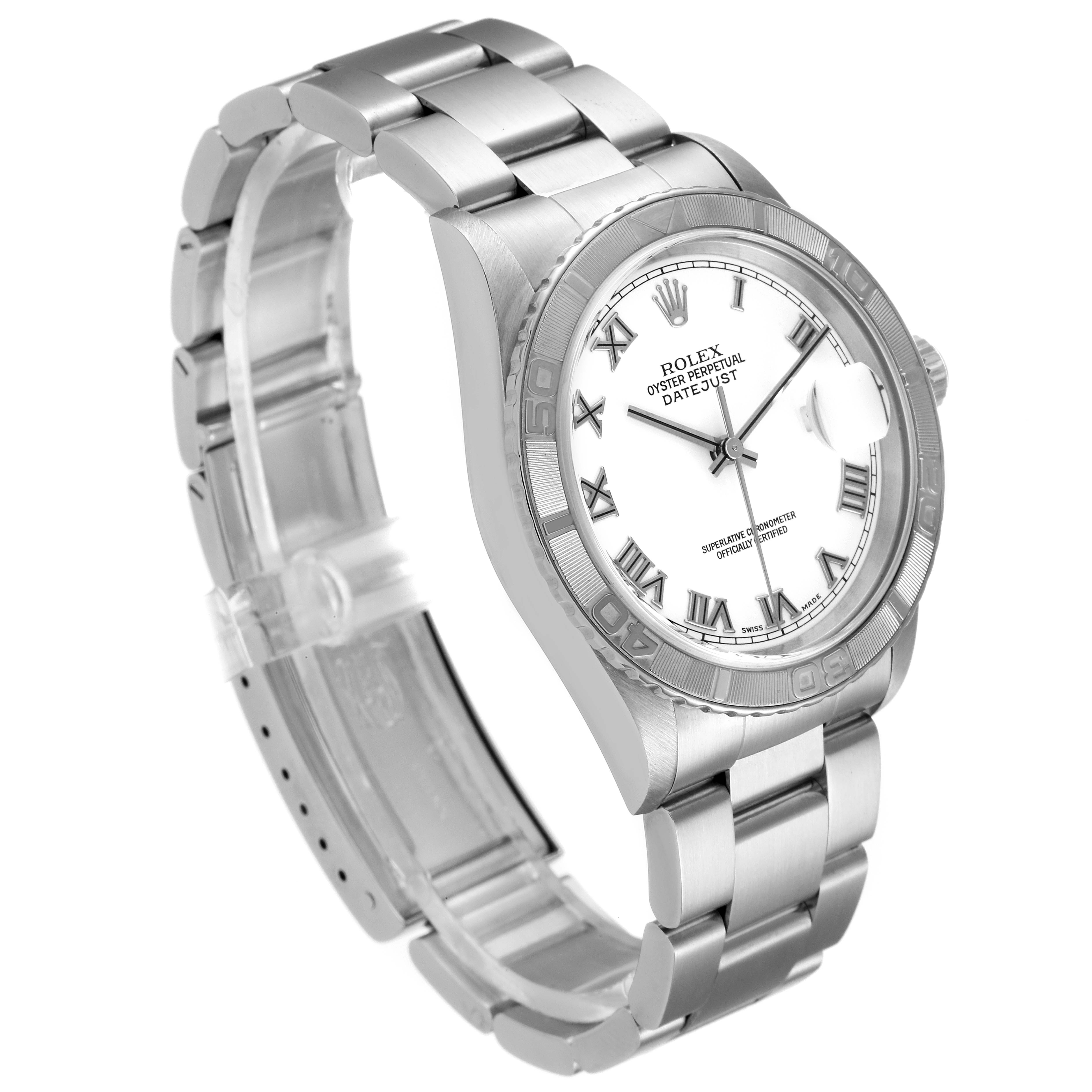 The image shows a Rolex Turn-o-Graph 16264 Men
s Stainless Steel White Dial 16264 Men
s Stainless Steel White Dial watch from a side angle, displaying the dial, bezel, bracelet, and clasp.