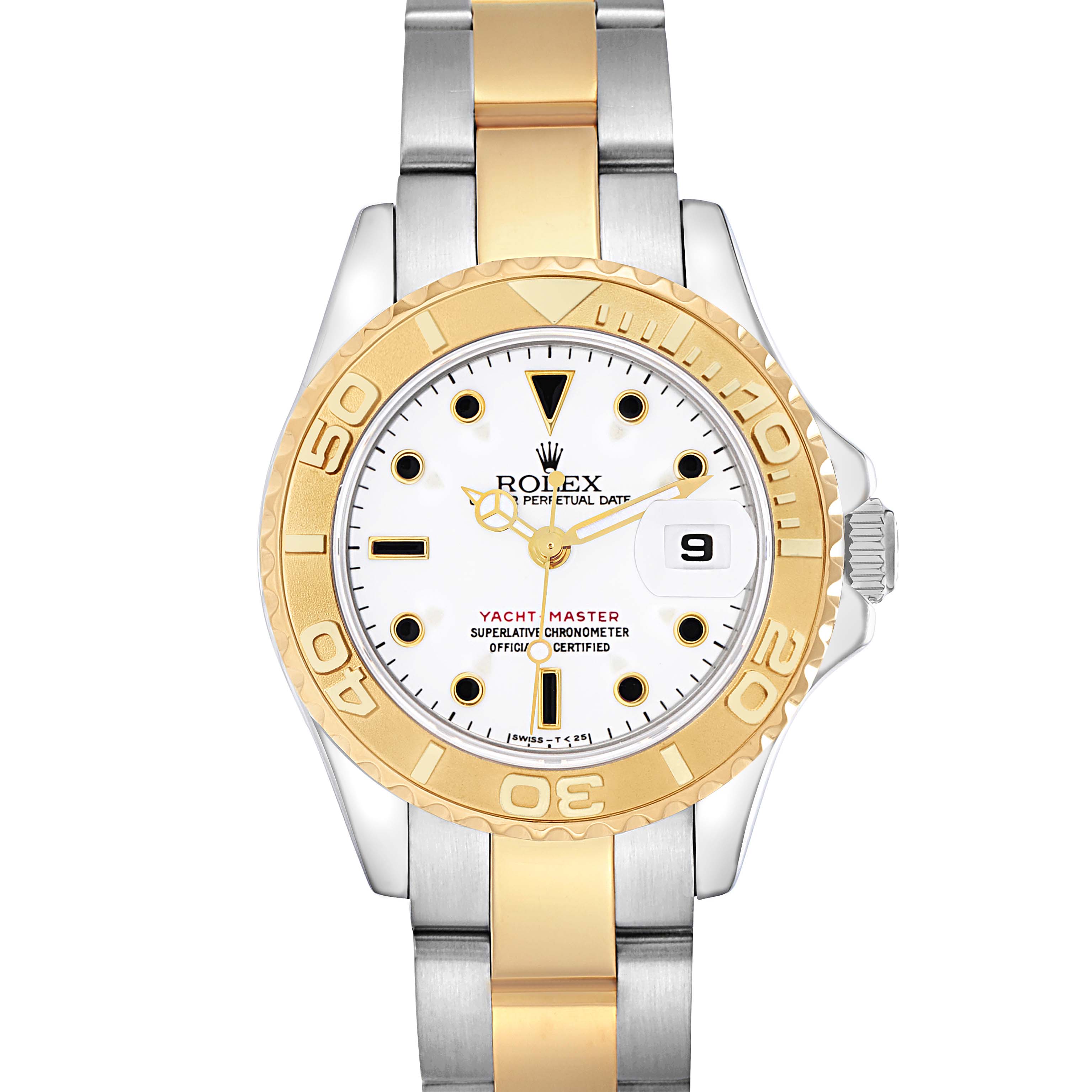 The image shows a front view of a Rolex Yacht-Master 69623 Women
s Steel and Gold (two tone) White Dial 69623 Women
s Steel and Gold (two tone) White Dial watch with a two-tone bracelet, gold bezel, and white dial.