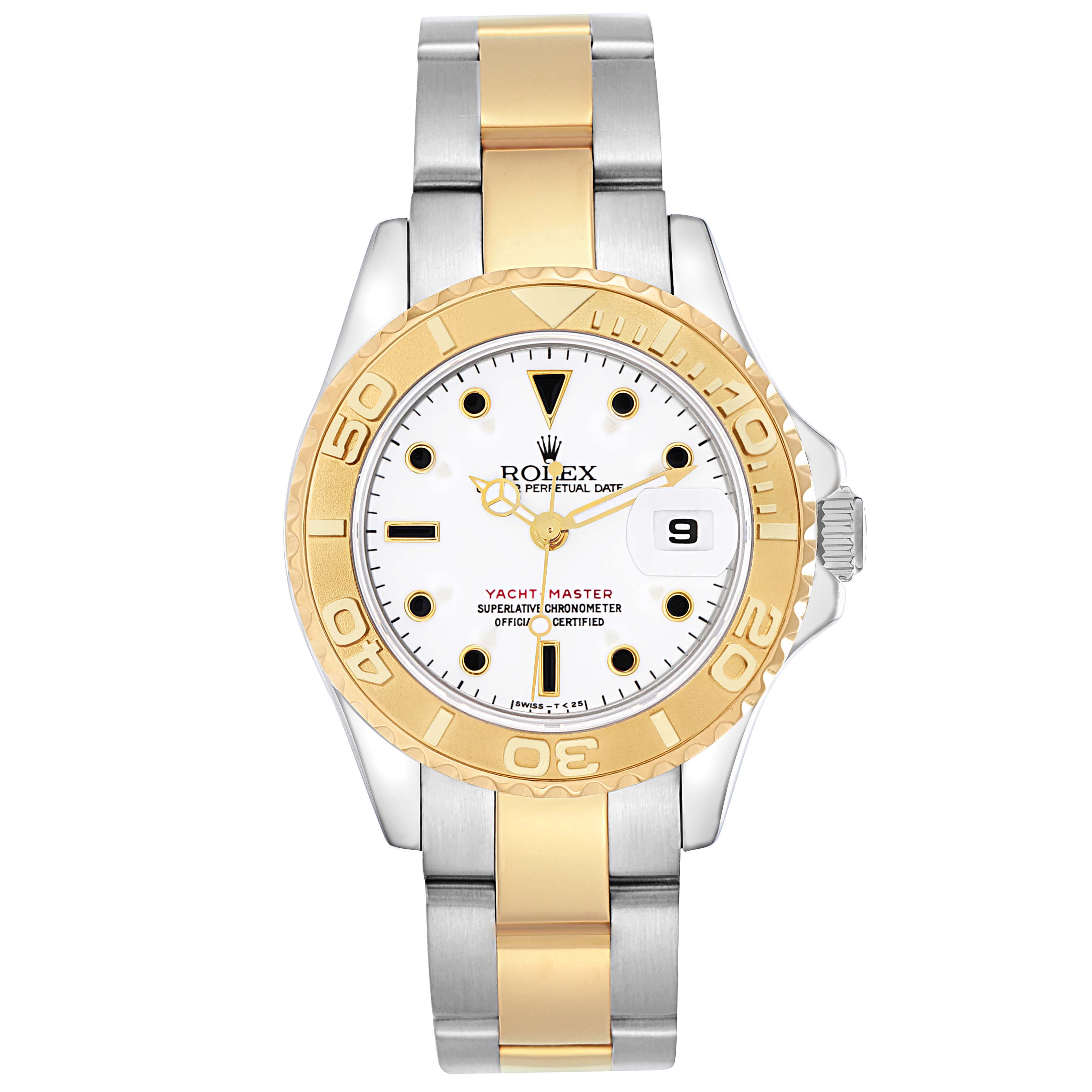 The Rolex Yacht-Master 69623 Women
s Steel and Gold (two tone) White Dial 69623 Women
s Steel and Gold (two tone) White Dial watch is shown from the front, displaying the dial, bezel, and bracelet prominently.