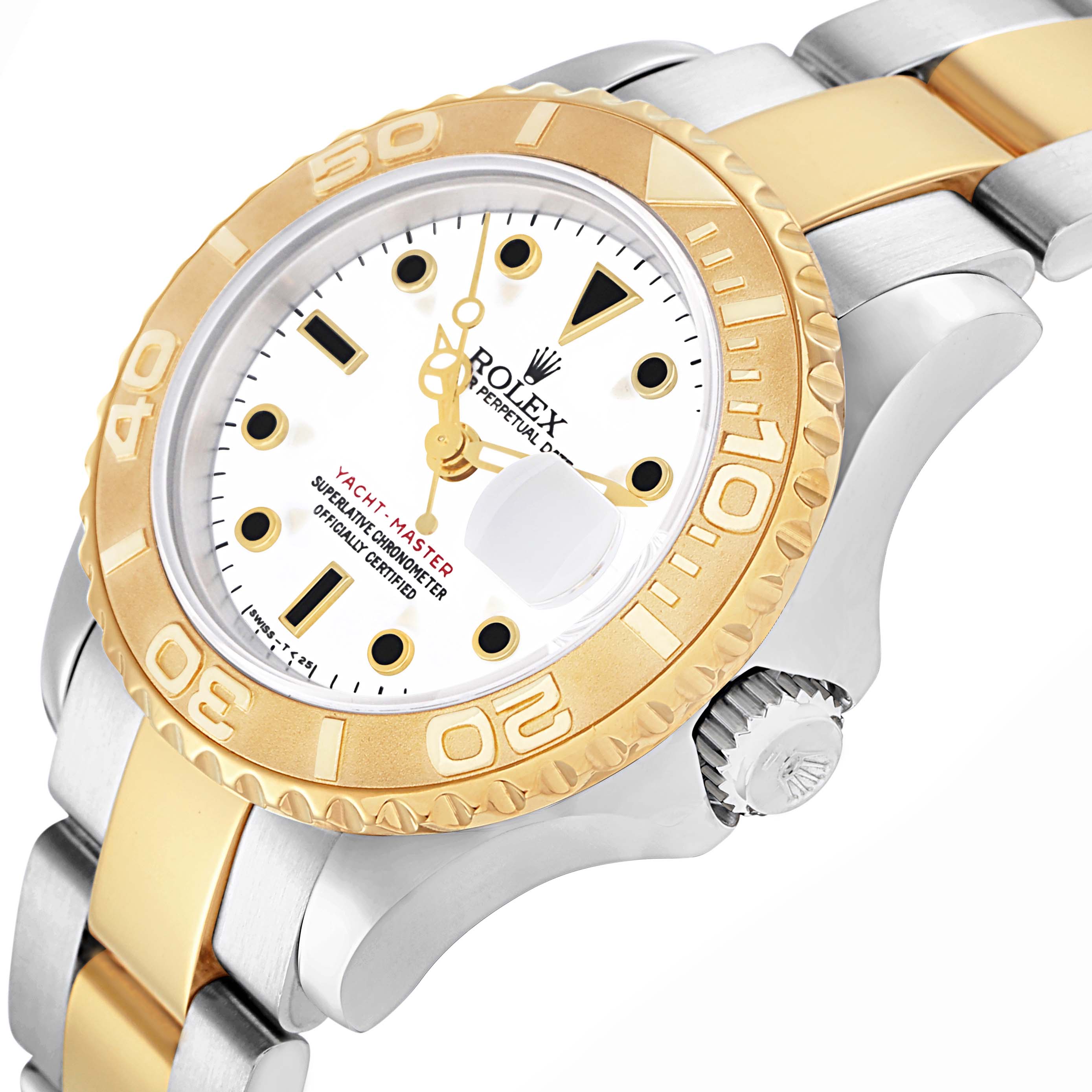 The Rolex Yacht-Master 69623 Women
s Steel and Gold (two tone) White Dial 69623 Women
s Steel and Gold (two tone) White Dial watch is shown at a slight angle displaying the gold bezel, white dial, bracelet, and crown.