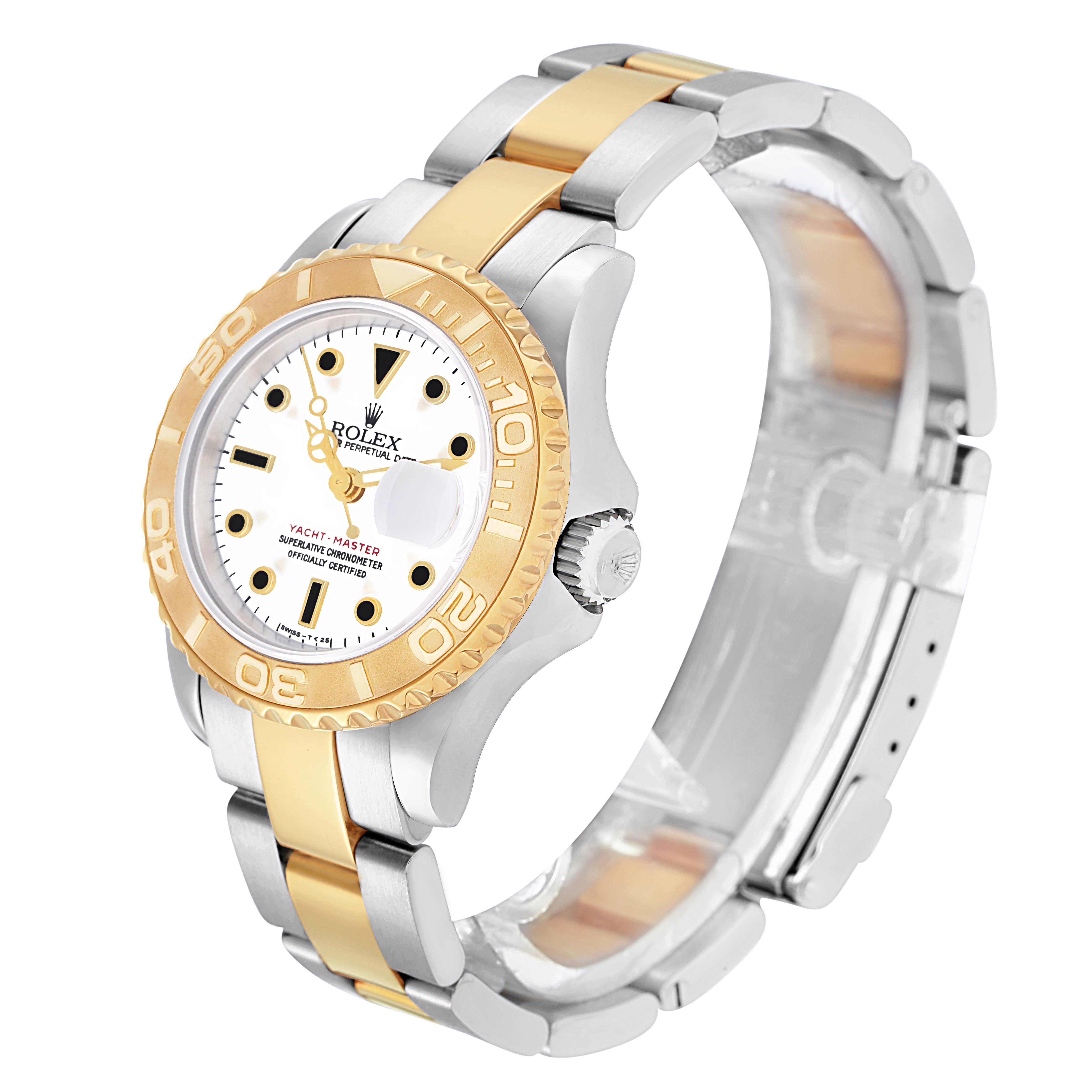 The Rolex Yacht-Master 69623 Women
s Steel and Gold (two tone) White Dial 69623 Women
s Steel and Gold (two tone) White Dial watch is shown at a slight angle, highlighting its bezel, dial, bracelet, and crown.