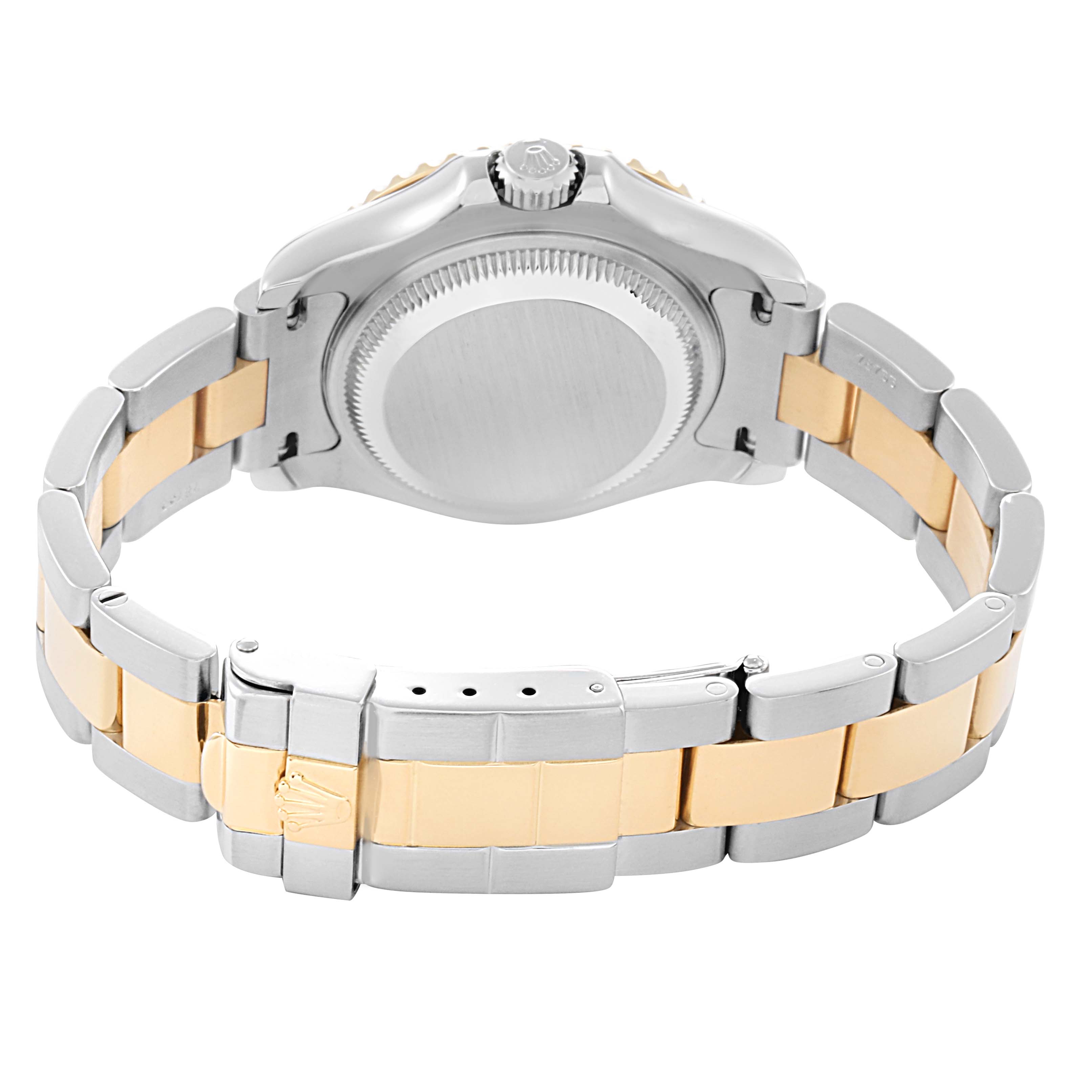 The Rolex Yacht-Master 69623 Women
s Steel and Gold (two tone) White Dial 69623 Women
s Steel and Gold (two tone) White Dial watch is shown from the back, displaying the bracelet and case back.