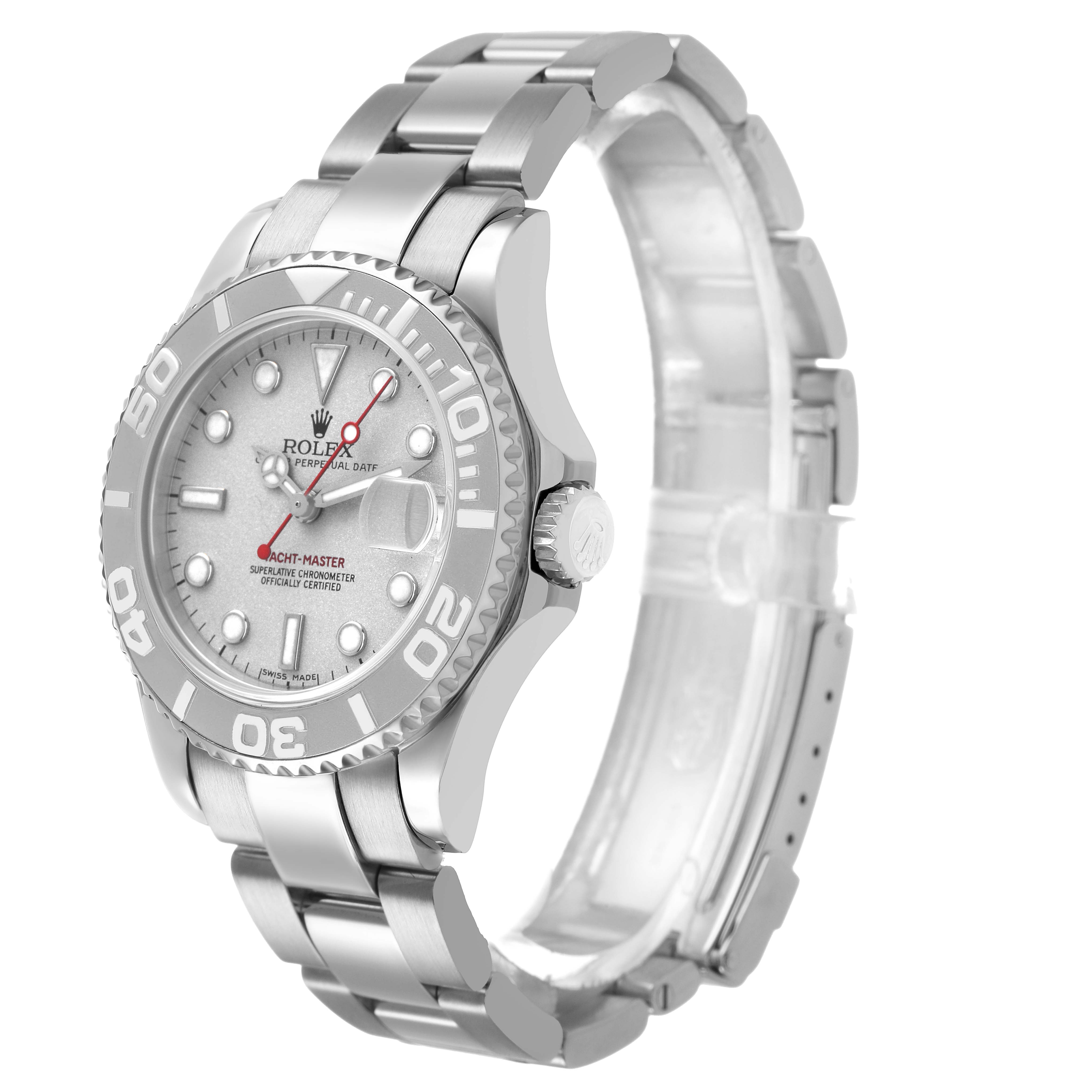 The image shows a Rolex Yacht-Master 168622 Men's Stainless Steel Silver Dial watch at a three-quarter angle, displaying its face, bezel, and bracelet.