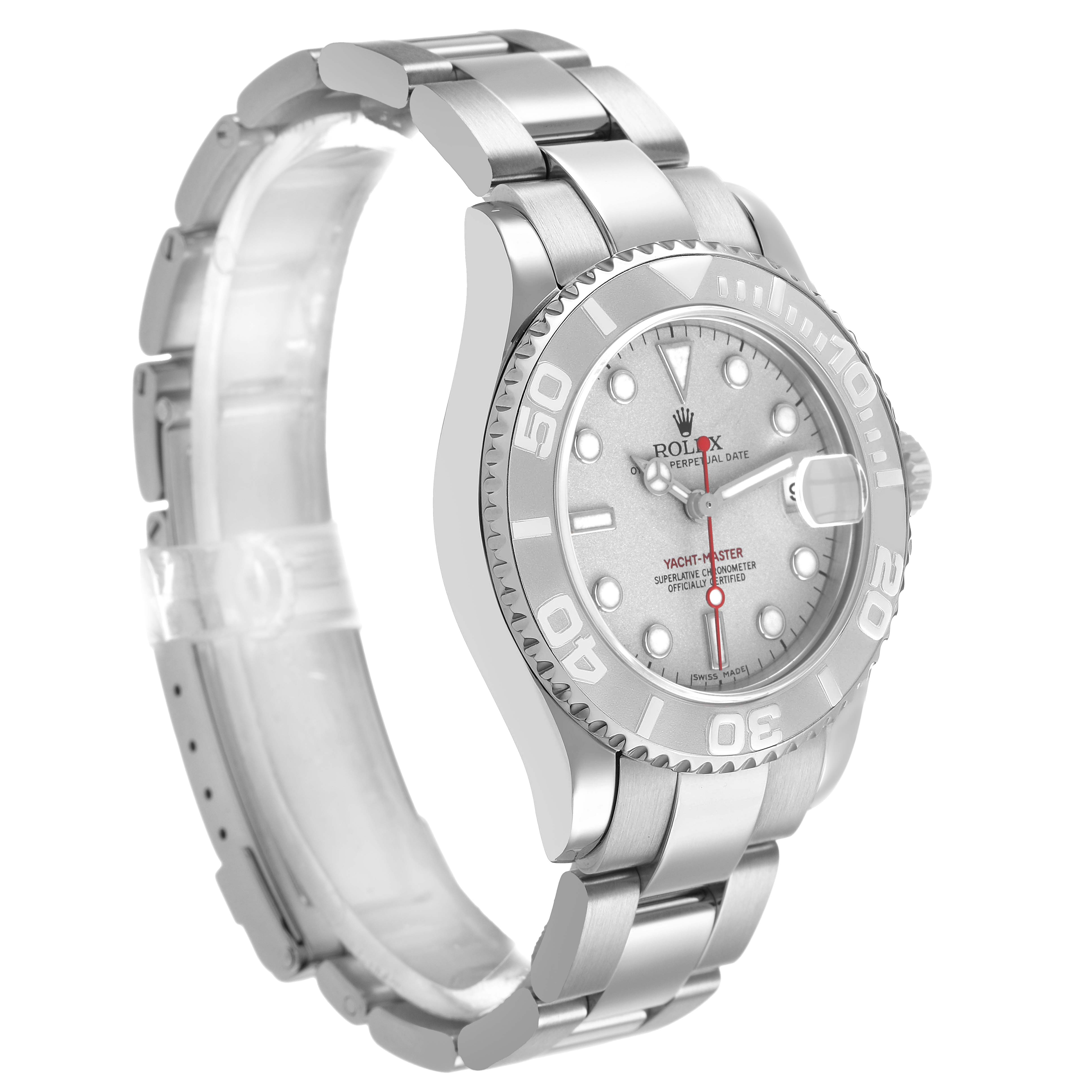 The image shows a Rolex Yacht-Master 168622 Men's Stainless Steel Silver Dial watch from a three-quarter angle, displaying its dial, bezel, and bracelet.