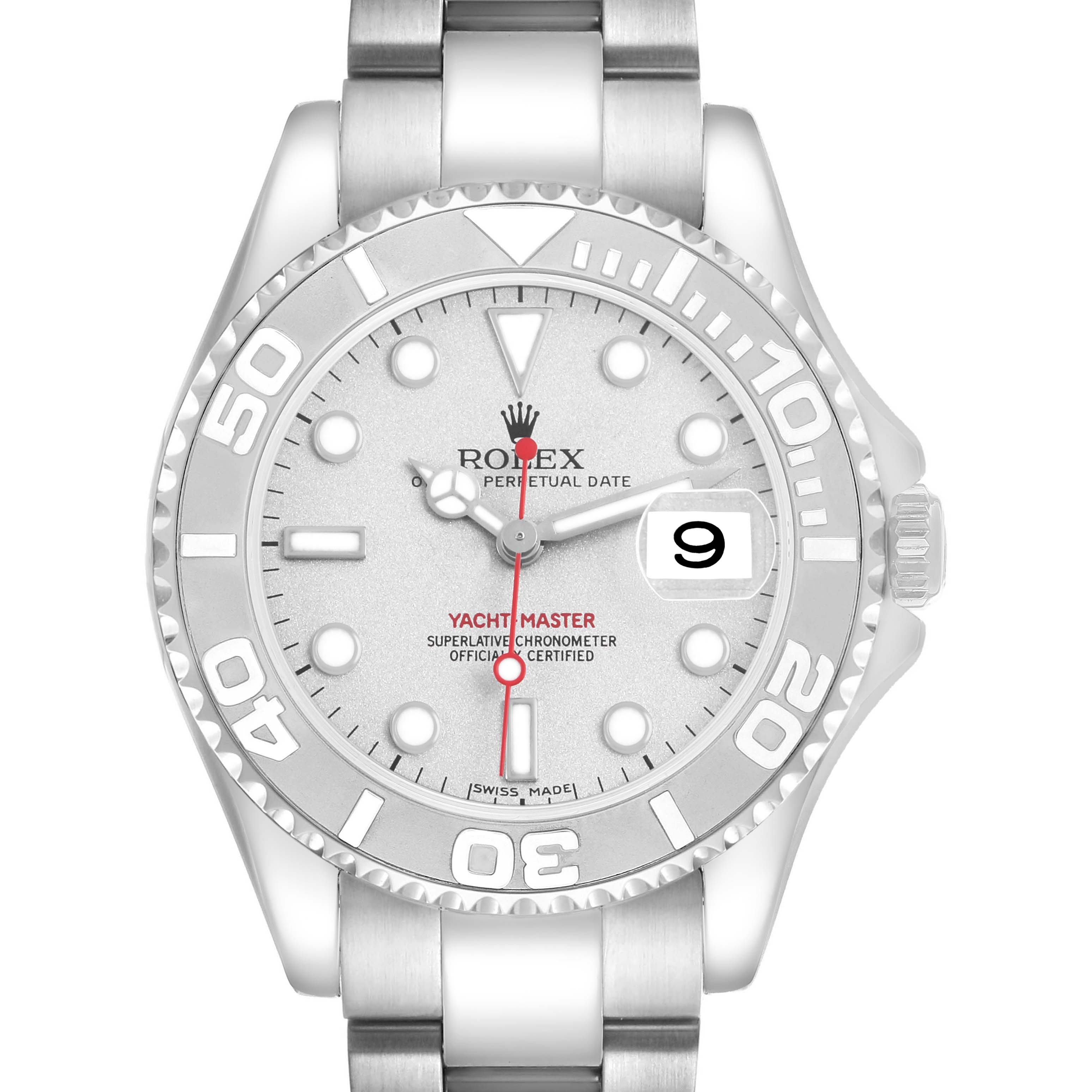 The Rolex Yacht-Master 168622 Men's Stainless Steel Silver Dial watch is shown from a top-down angle, highlighting its dial, hands, bezel, and bracelet.