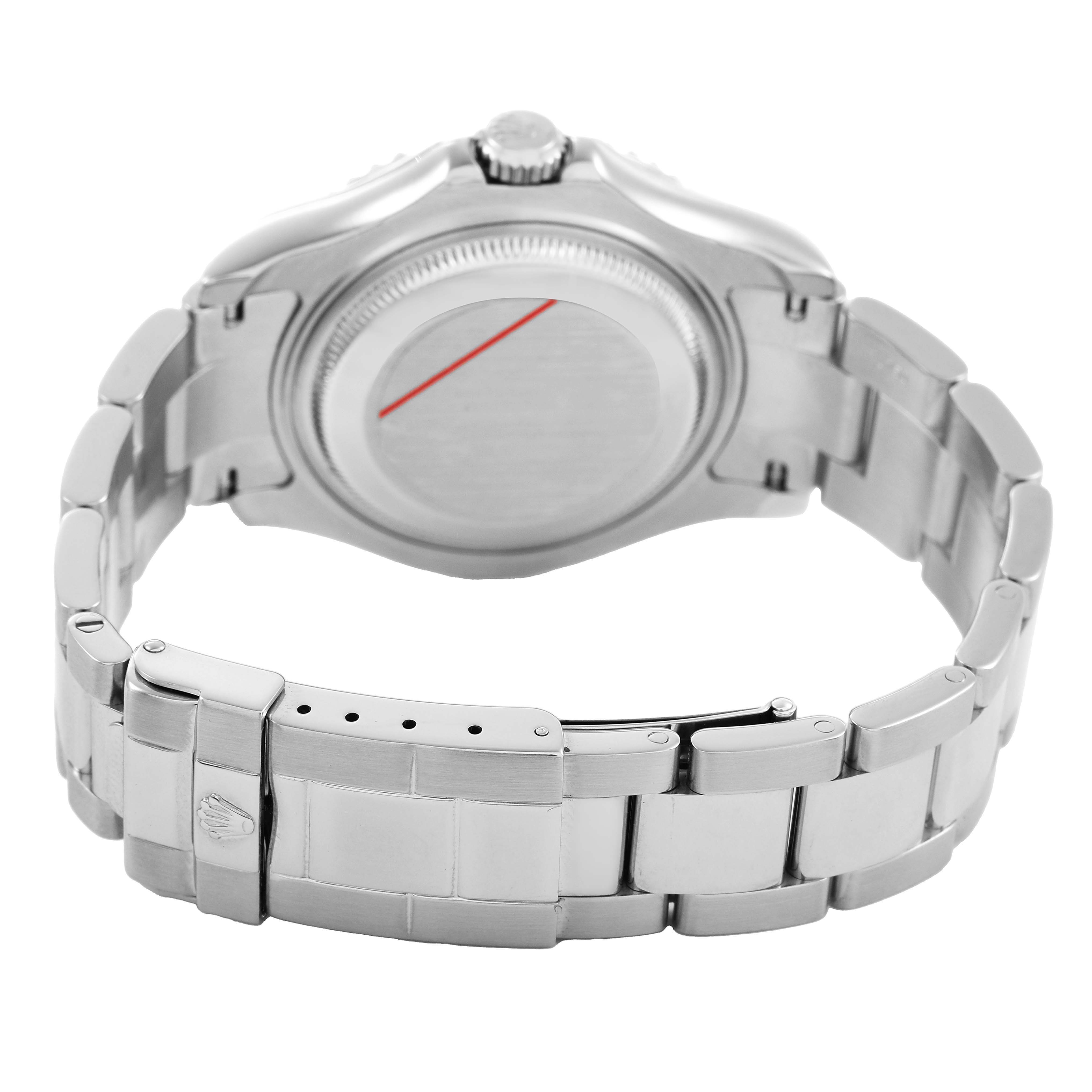 The image shows the back and bracelet of a Rolex Yacht-Master 168622 Men's Stainless Steel Silver Dial, highlighting the clasp and case back from a rear angle.