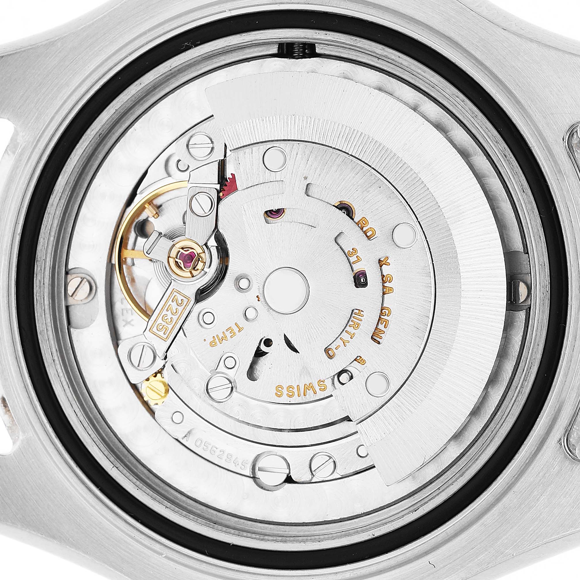 The image shows the movement of a Rolex Yacht-Master 168622 Men's Stainless Steel Silver Dial watch from a rear angle, highlighting the internal mechanism and components.