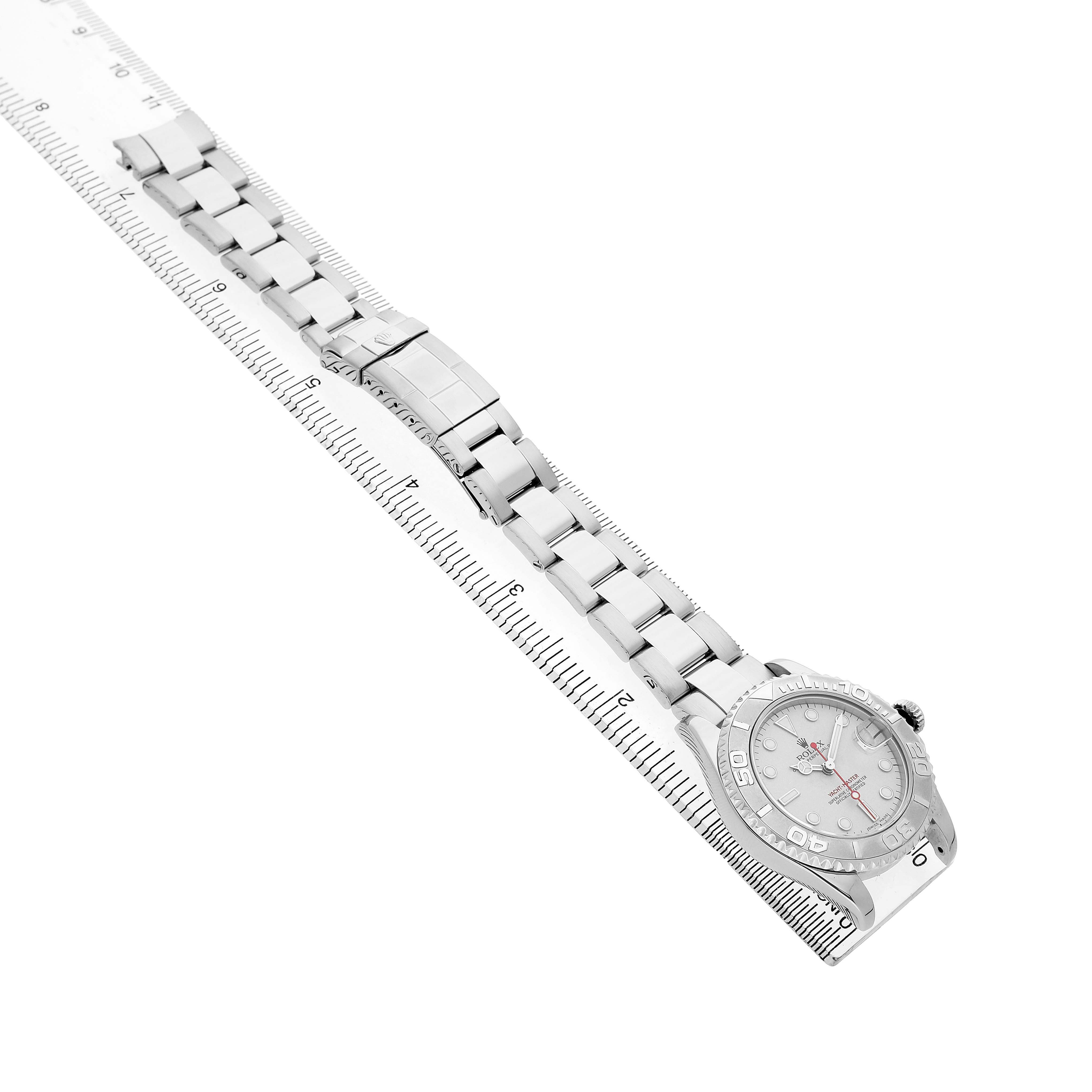 The image shows a side and partial top view of a Rolex Yacht-Master 168622 Men's Stainless Steel Silver Dial watch, highlighting its bracelet and clasp.