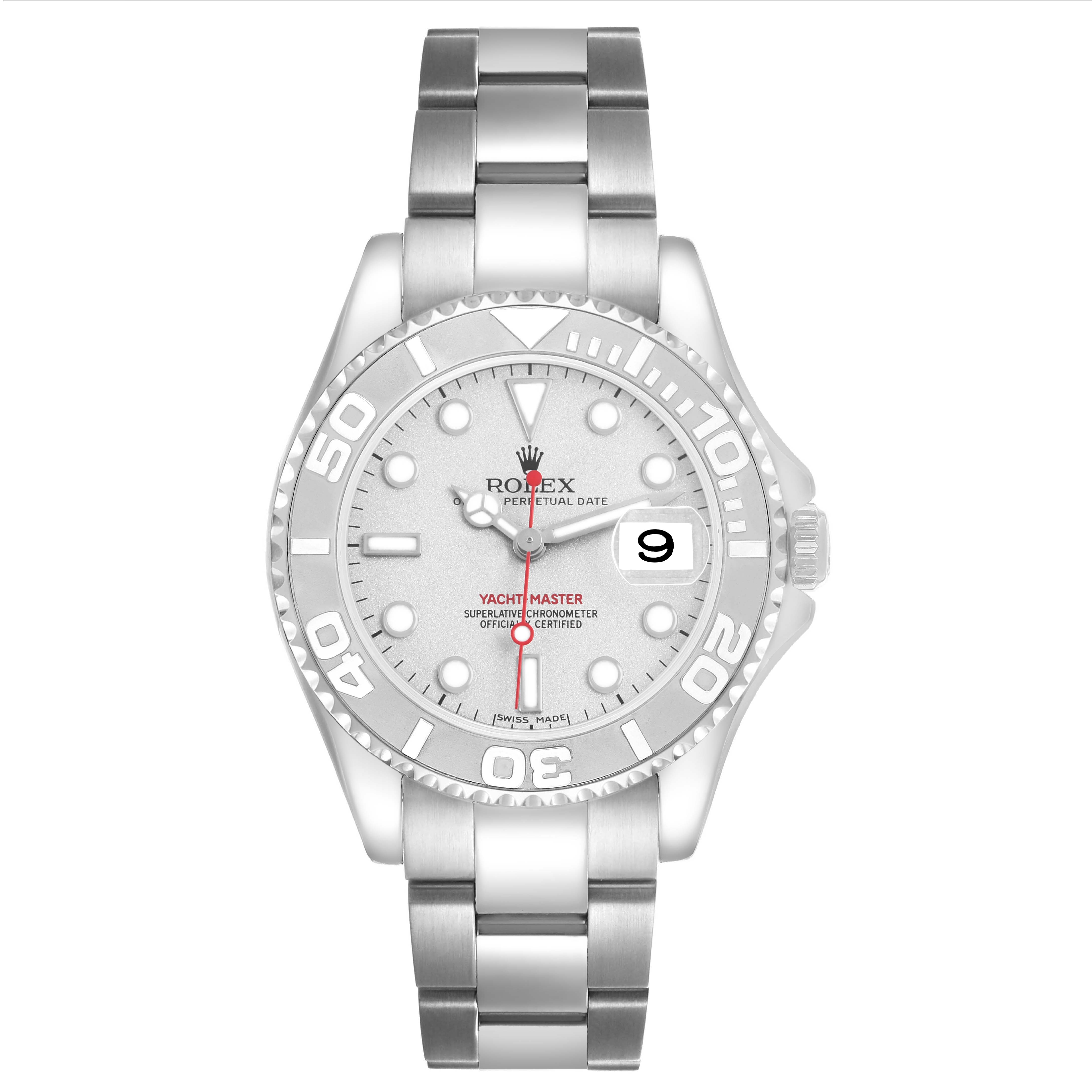 The Rolex Yacht-Master 168622 Men's Stainless Steel Silver Dial watch is shown from a top-down angle, displaying the dial, bezel, and bracelet.