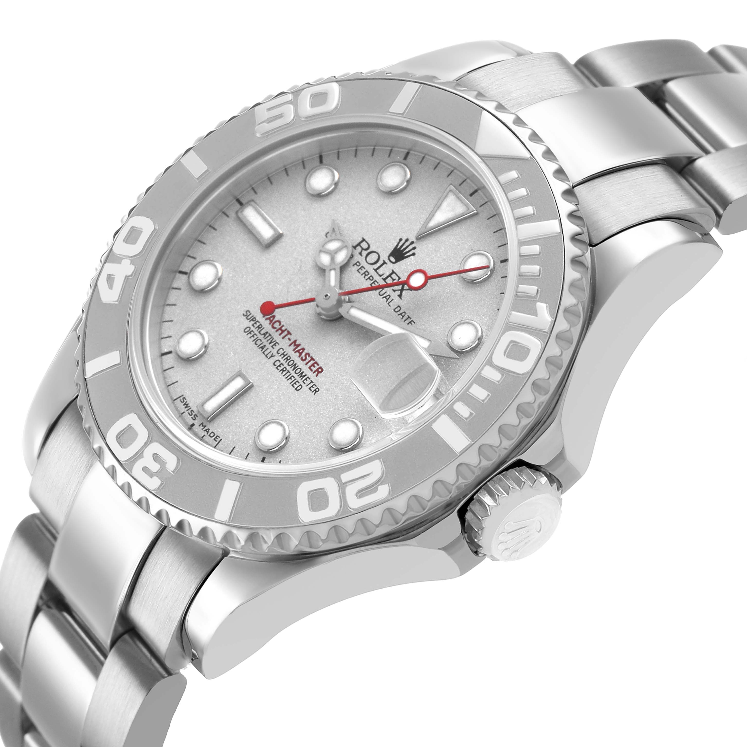 The Rolex Yacht-Master 168622 Men's Stainless Steel Silver Dial watch is shown at an angle highlighting the face, bezel, and bracelet.