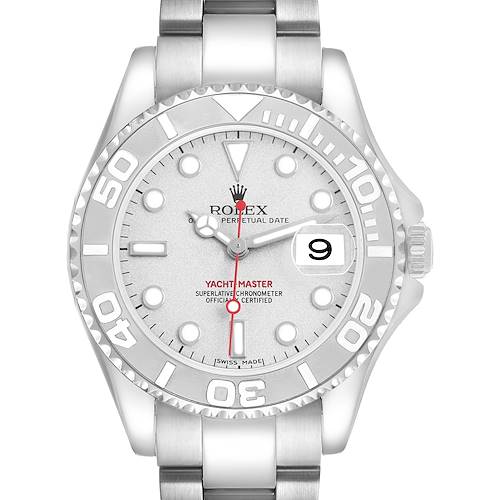 The Rolex Yacht-Master 168622 Men's Stainless Steel Silver Dial watch is shown from a top-down angle, highlighting its face, bezel, and part of the bracelet.