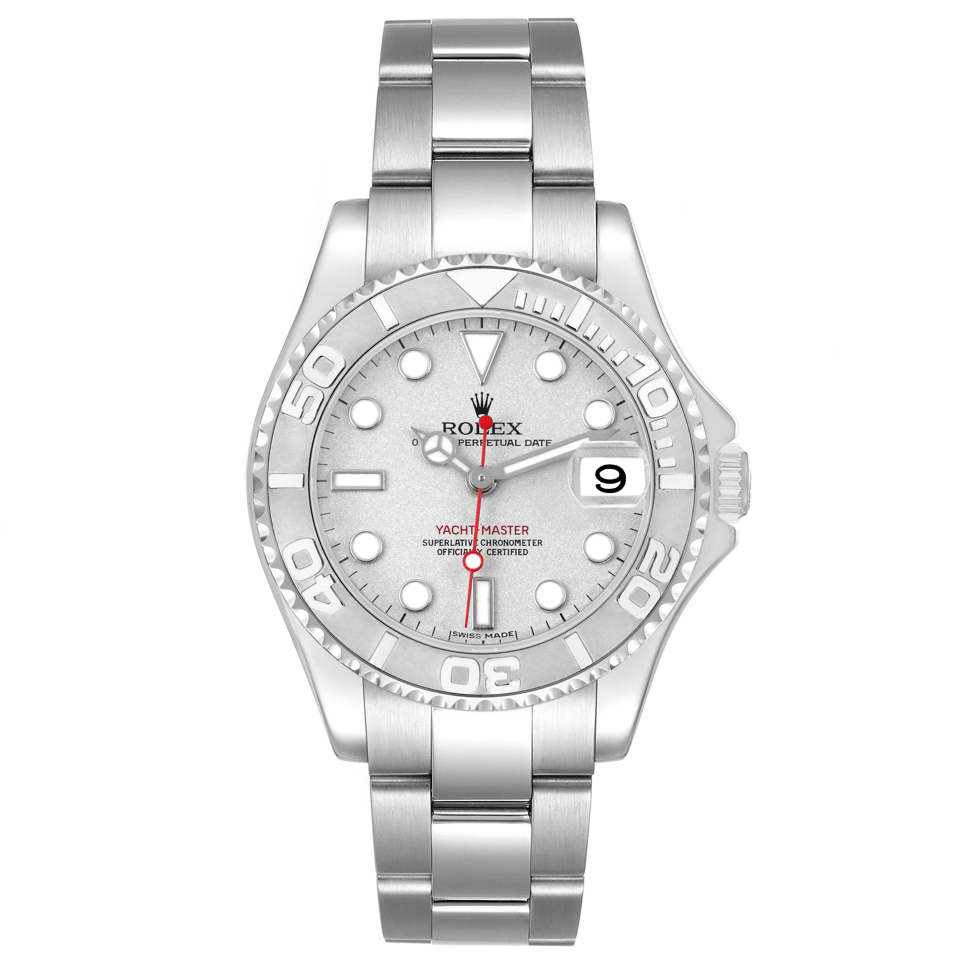 The Rolex Yacht-Master 168622 Men's Stainless Steel Silver Dial watch is shown from a top-down view, highlighting the bezel, dial, and bracelet.