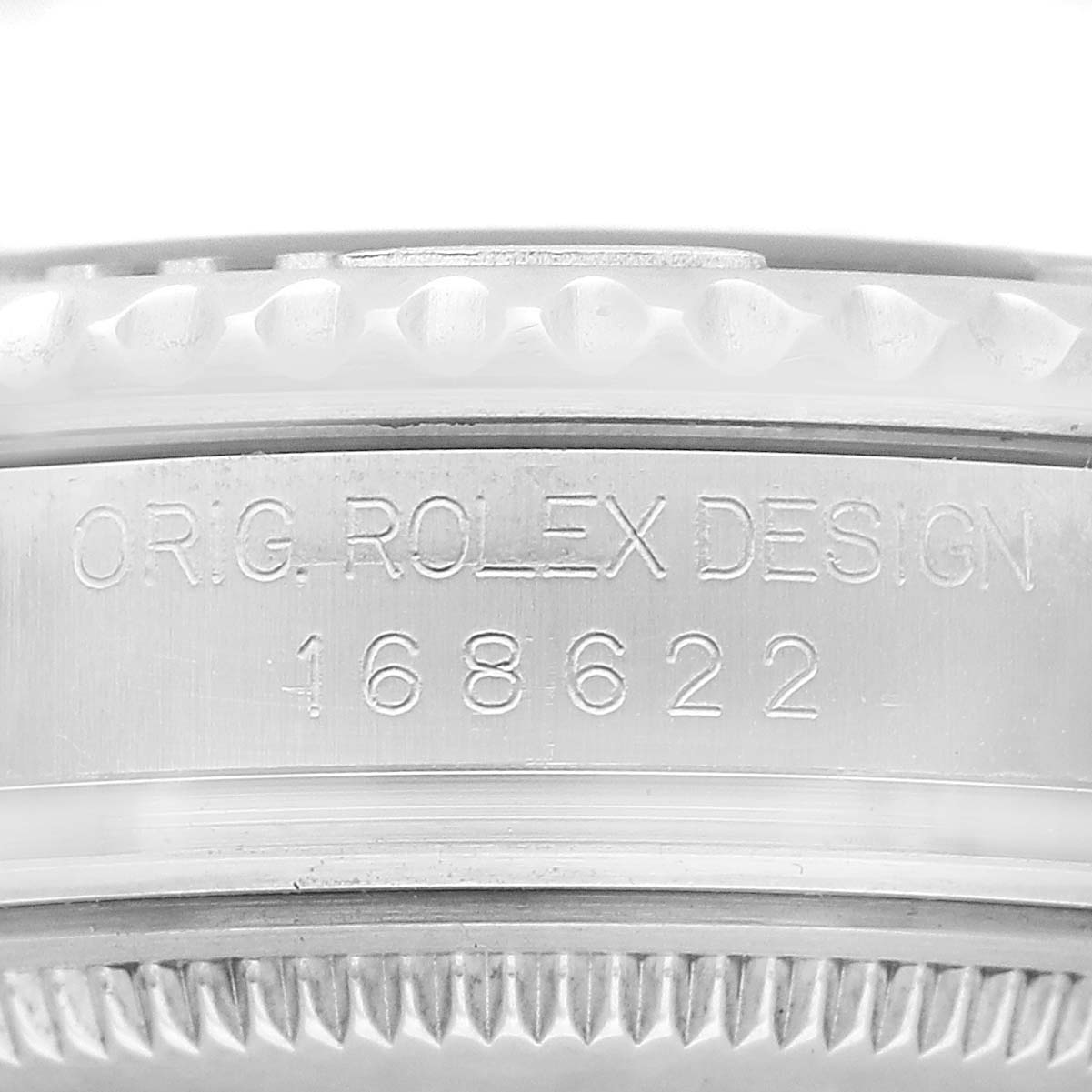 The image shows the side of a Rolex Yacht-Master 168622 Men's Stainless Steel Silver Dial, highlighting the engraved model number "168622" and bezel edge details.