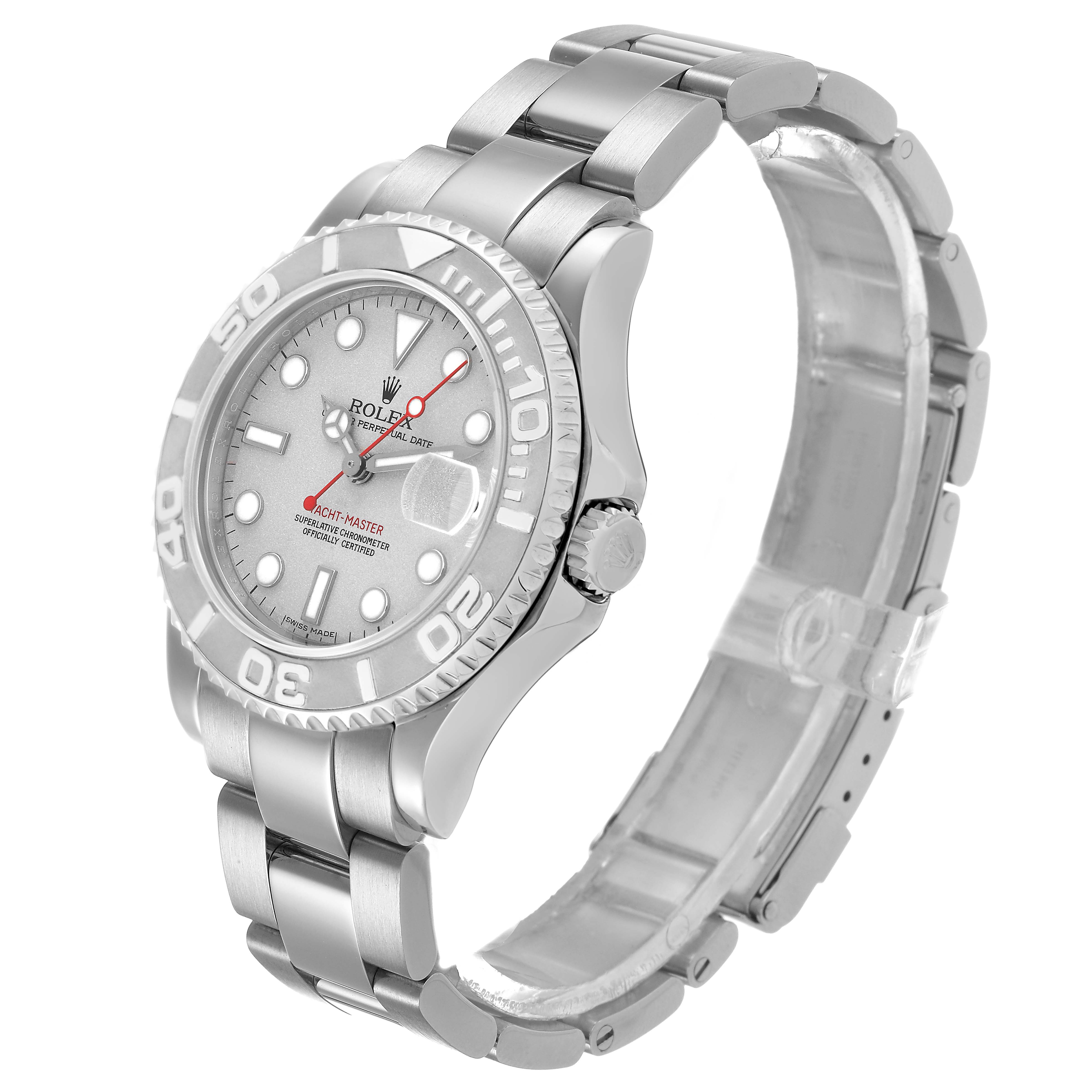 The Rolex Yacht-Master 168622 Men's Stainless Steel Silver Dial watch is shown at a three-quarter angle, highlighting the face, bezel, bracelet, and crown.
