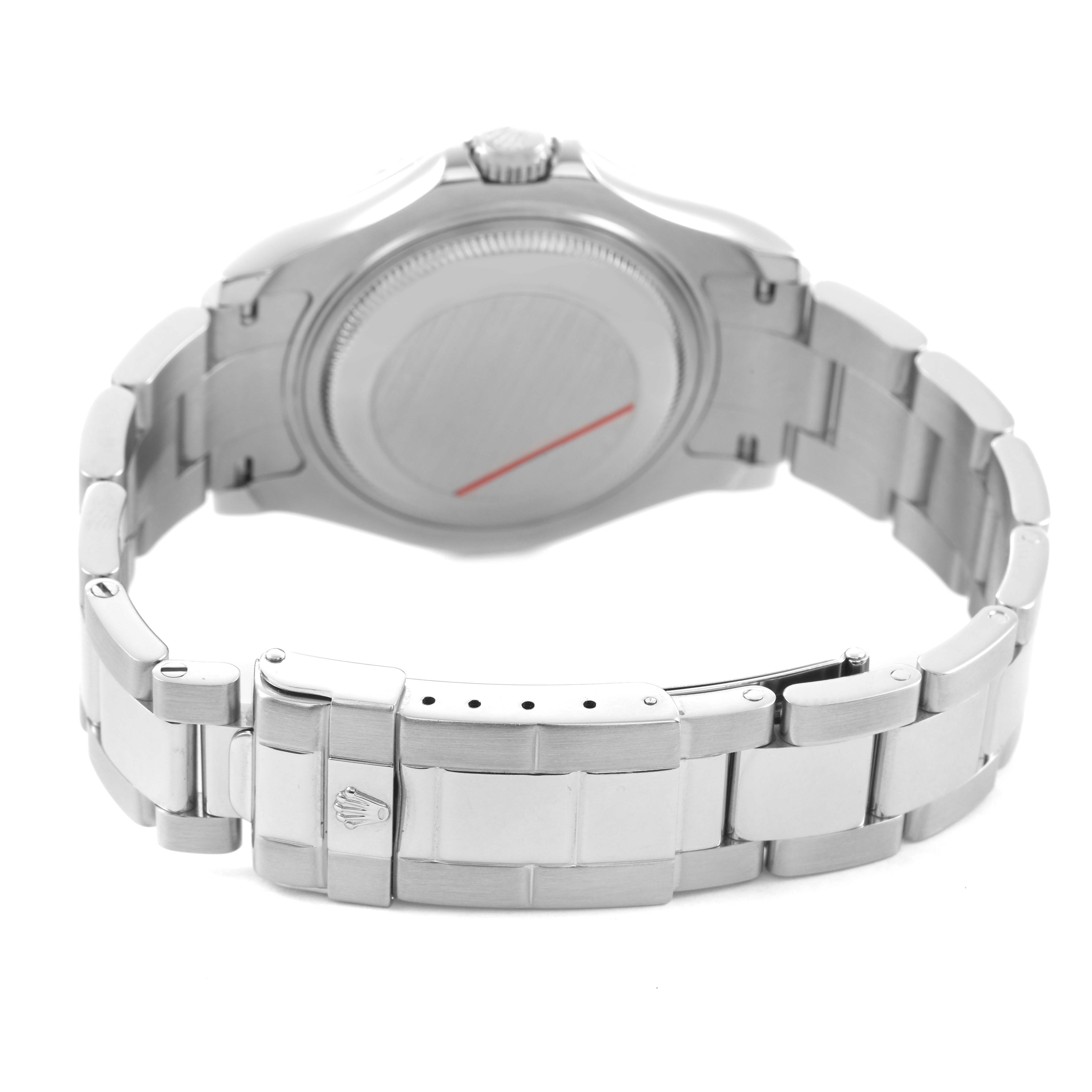 The image shows the Rolex Yacht-Master 168622 Men's Stainless Steel Silver Dial watch from the back, highlighting the case back and bracelet clasp.