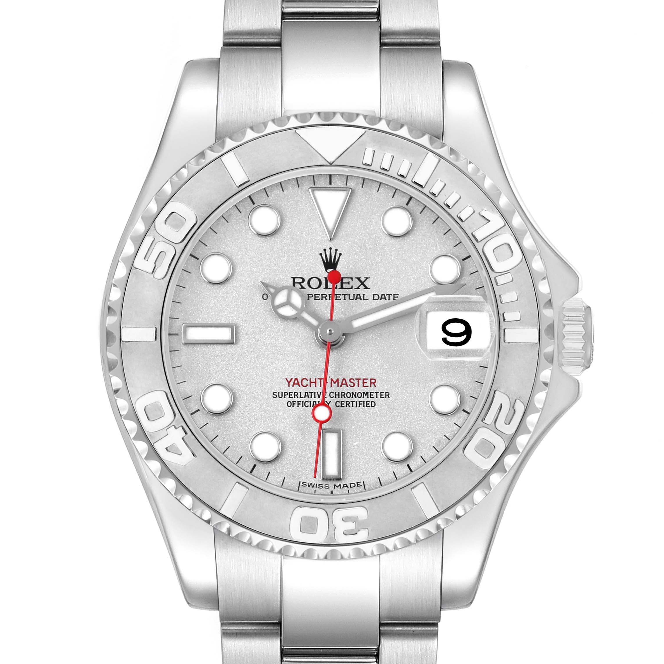 The Rolex Yacht-Master 168622 Men's Stainless Steel Silver Dial watch is shown from a front angle, displaying its face, bezel, crown, and part of the bracelet.
