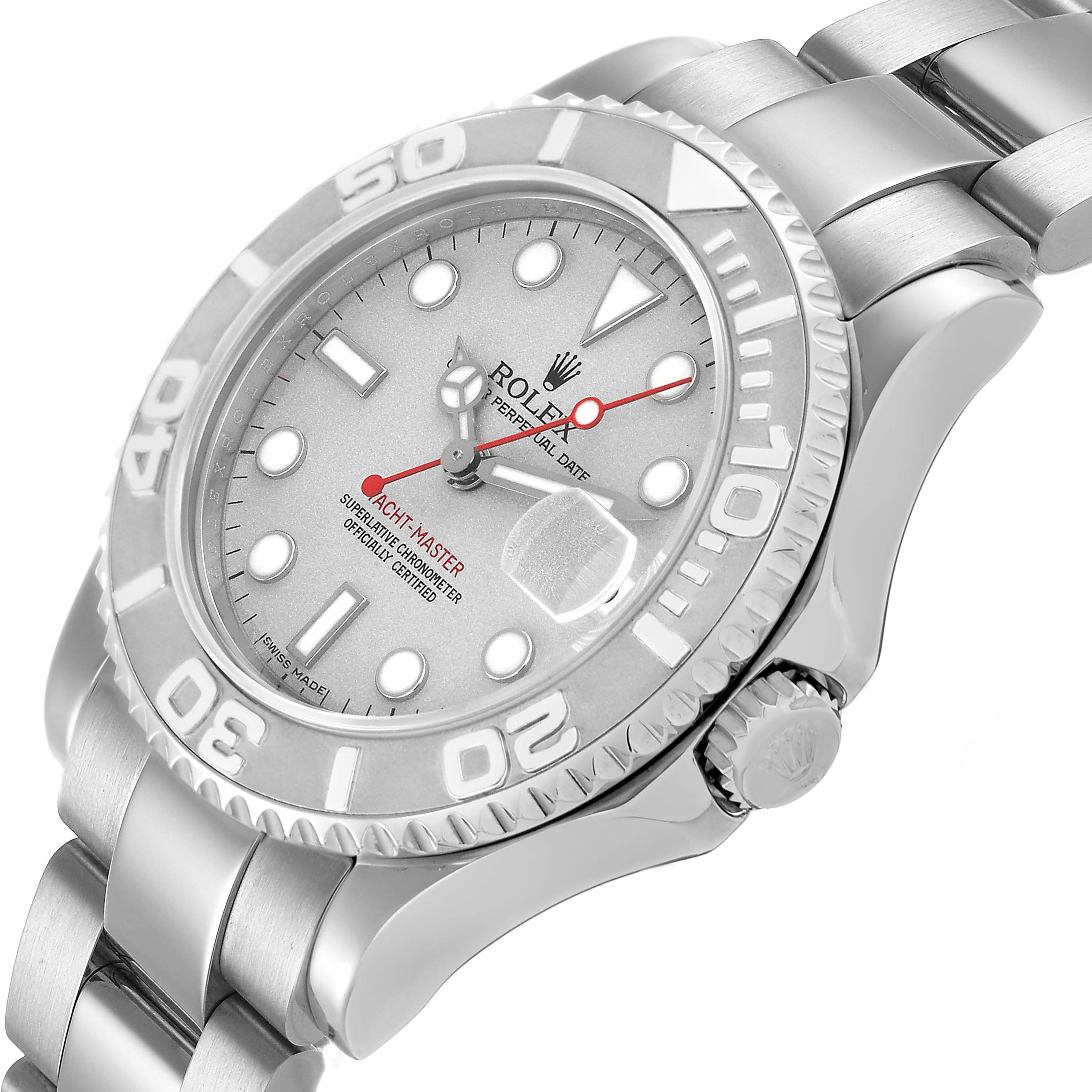 The Rolex Yacht-Master 168622 Men's Stainless Steel Silver Dial watch is shown at a slight angle, highlighting the watch face, bezel, crown, and part of the bracelet.