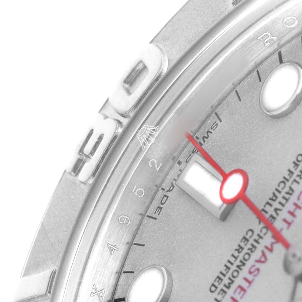 The image shows a close-up of the dial and bezel of a Rolex Yacht-Master 168622 Men's Stainless Steel Silver Dial, highlighting the 50-minute mark.
