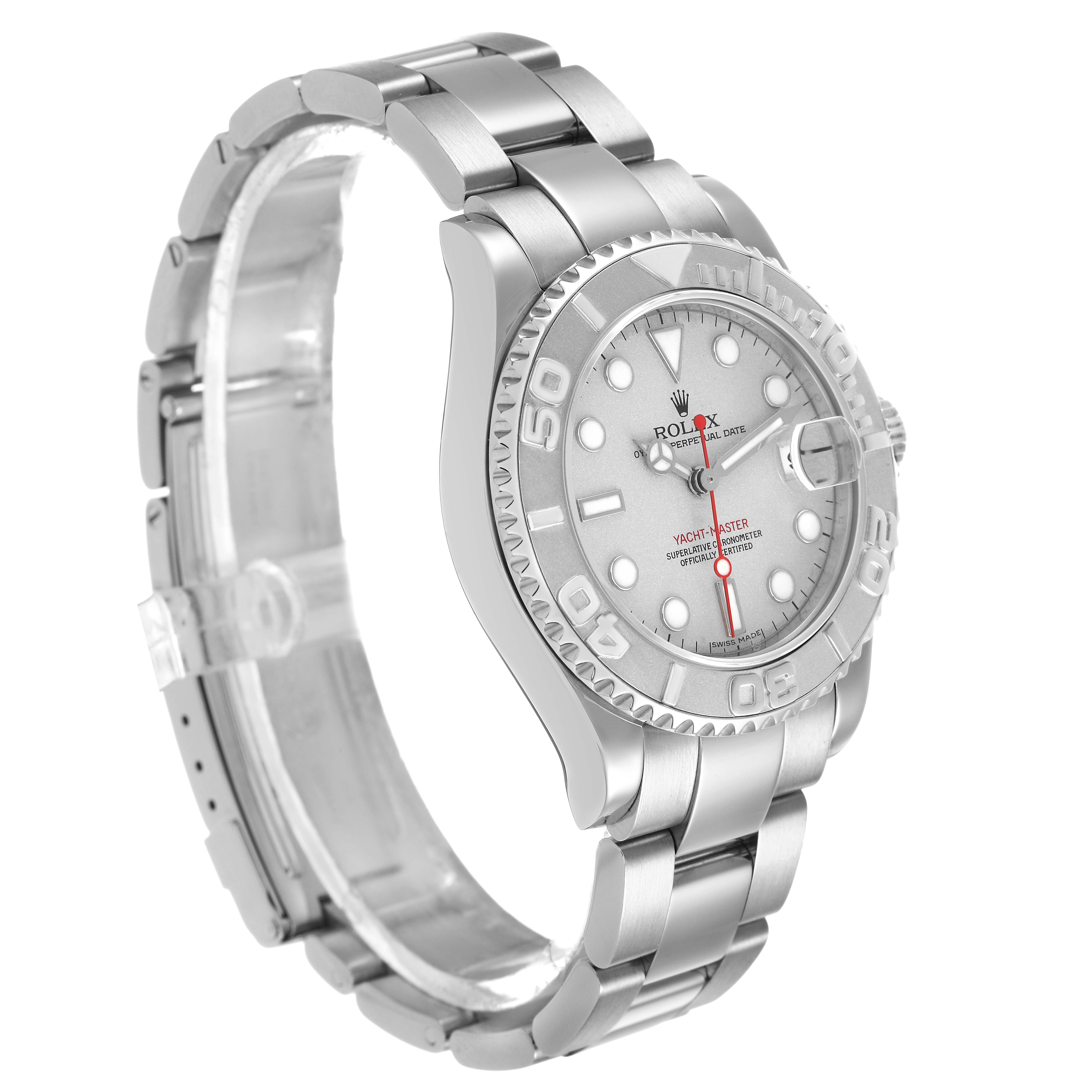 The Rolex Yacht-Master 168622 Men's Stainless Steel Silver Dial watch is shown at a three-quarter angle, highlighting the bezel, bracelet, and face details.