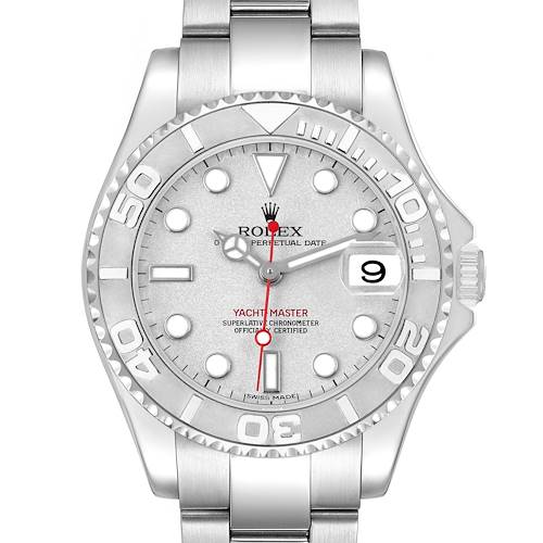 The image shows a Rolex Yacht-Master 168622 Men's Stainless Steel Silver Dial watch from a top-down angle highlighting its bezel, dial, hands, and date feature.