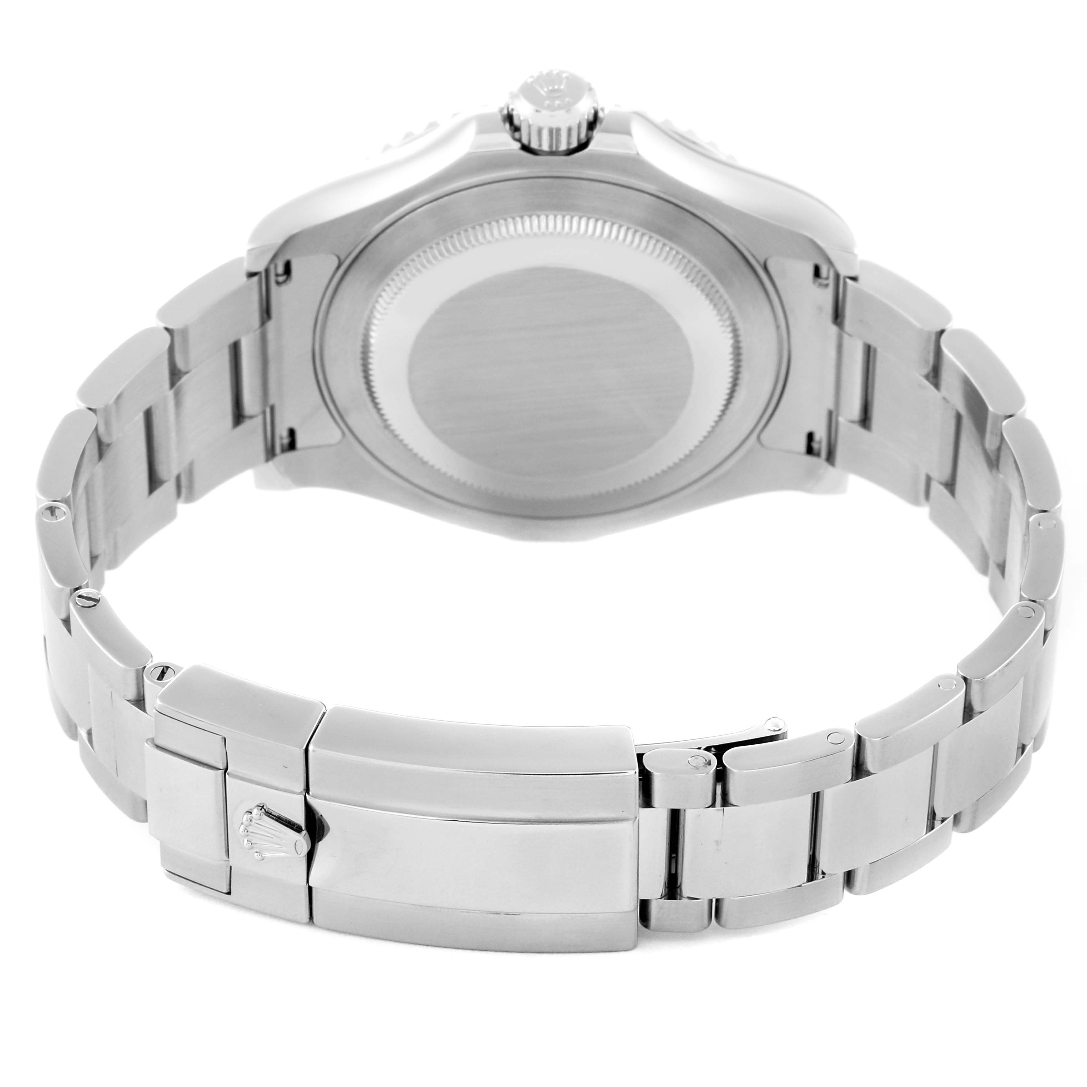 This image shows the backside and clasp of the Rolex Yacht-Master 116622 Men's Stainless Steel Blue Dial 116622 Men's Stainless Steel Blue Dial watch, with a clear view of the bracelet and case back.
