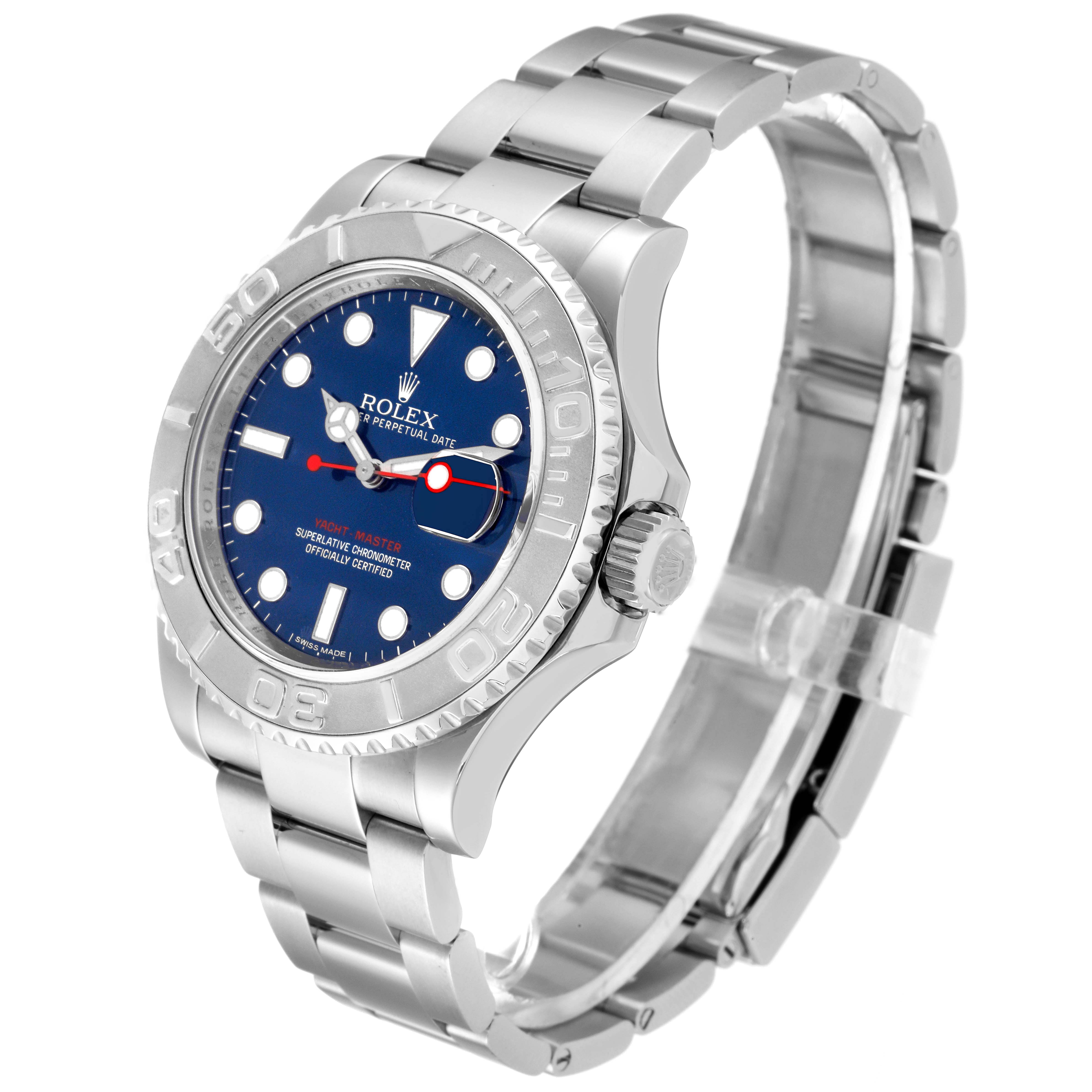 The Rolex Yacht-Master 116622 Men's Stainless Steel Blue Dial 116622 Men's Stainless Steel Blue Dial watch is shown at an angle highlighting its blue dial, bezel, and bracelet.