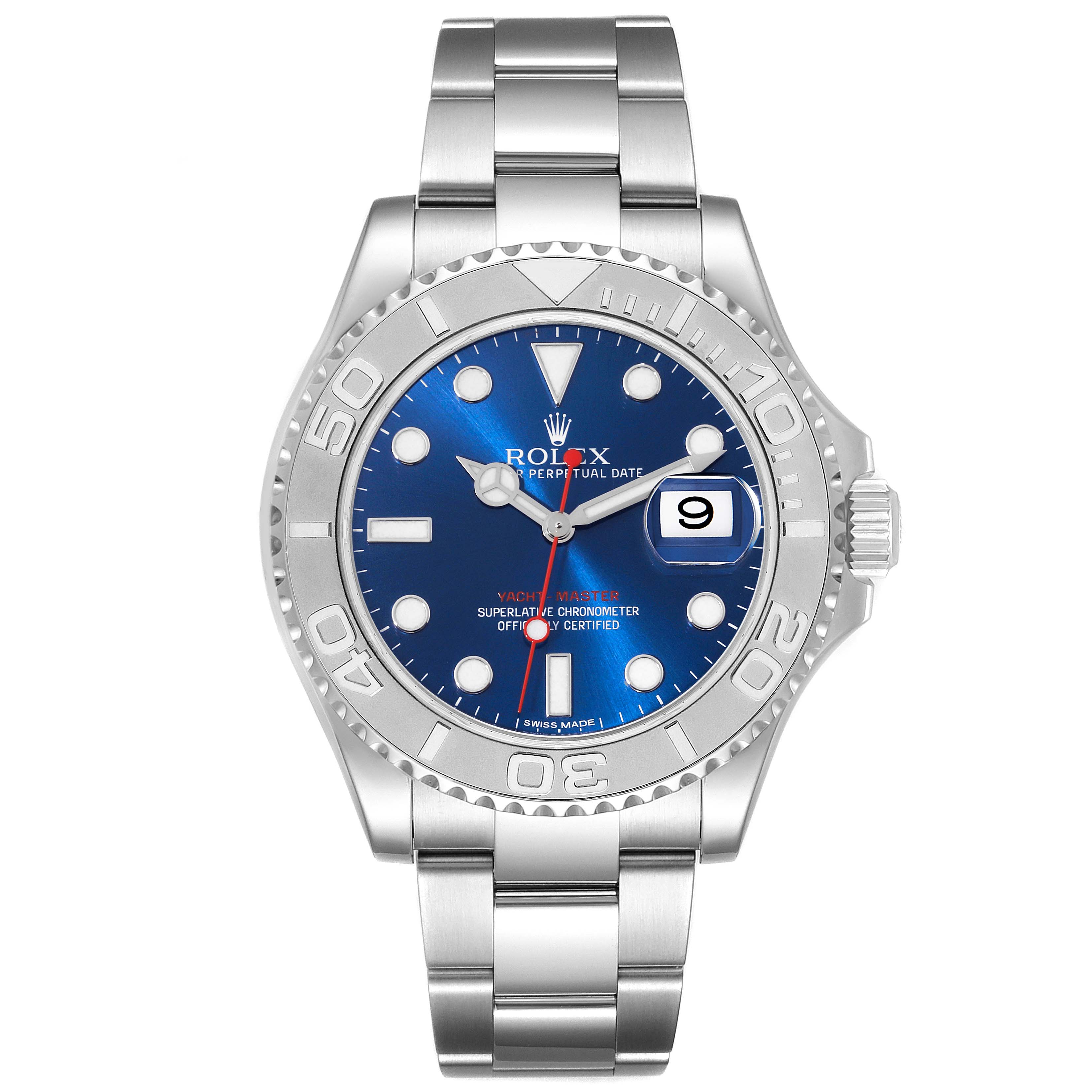 The image shows a front view of a Rolex Yacht-Master 116622 Men's Stainless Steel Blue Dial 116622 Men's Stainless Steel Blue Dial watch with a blue dial and stainless steel bracelet.