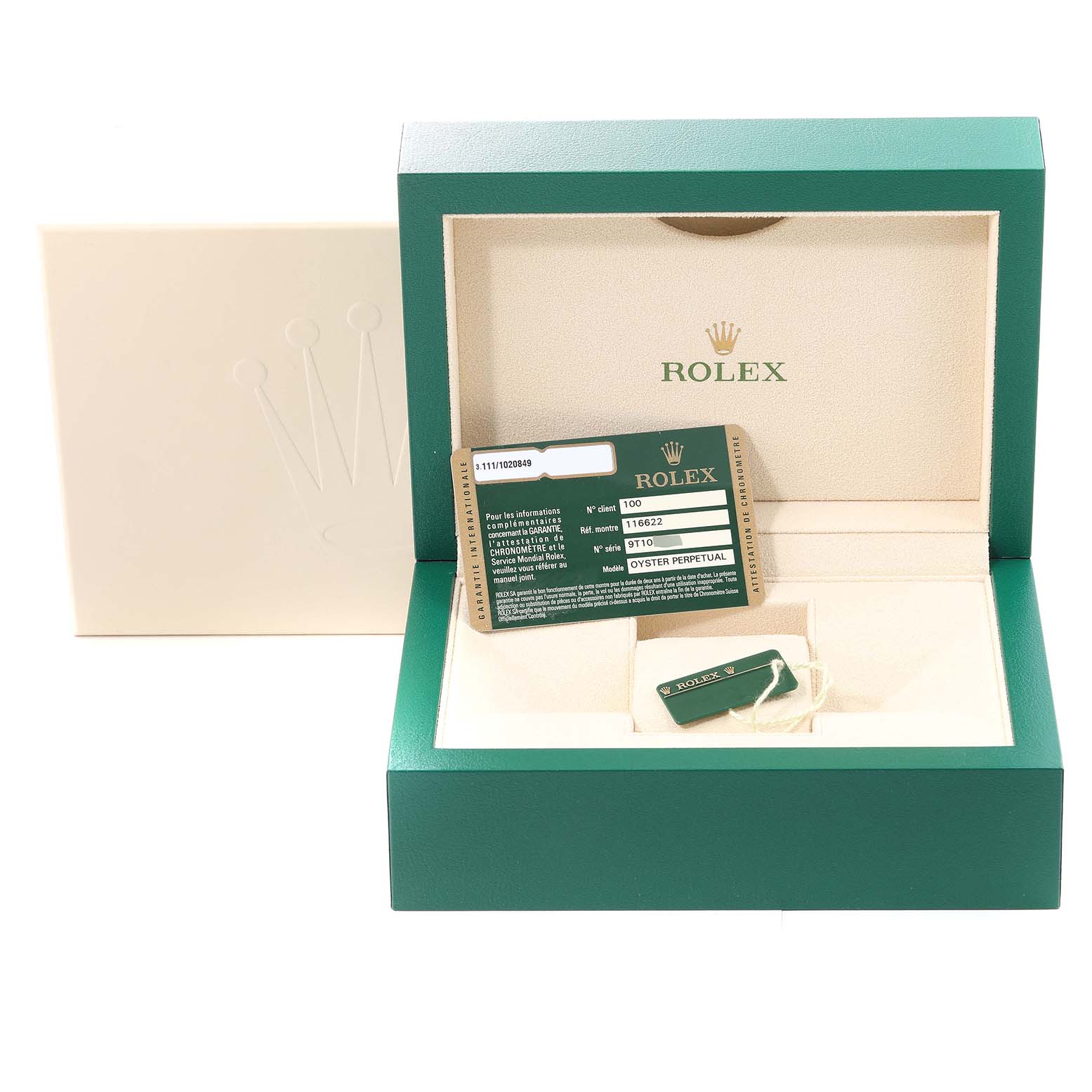 The image shows the open box and authenticity card for a Rolex Yacht-Master 116622 Men's Stainless Steel Blue Dial 116622 Men's Stainless Steel Blue Dial watch, with the box displayed frontally.