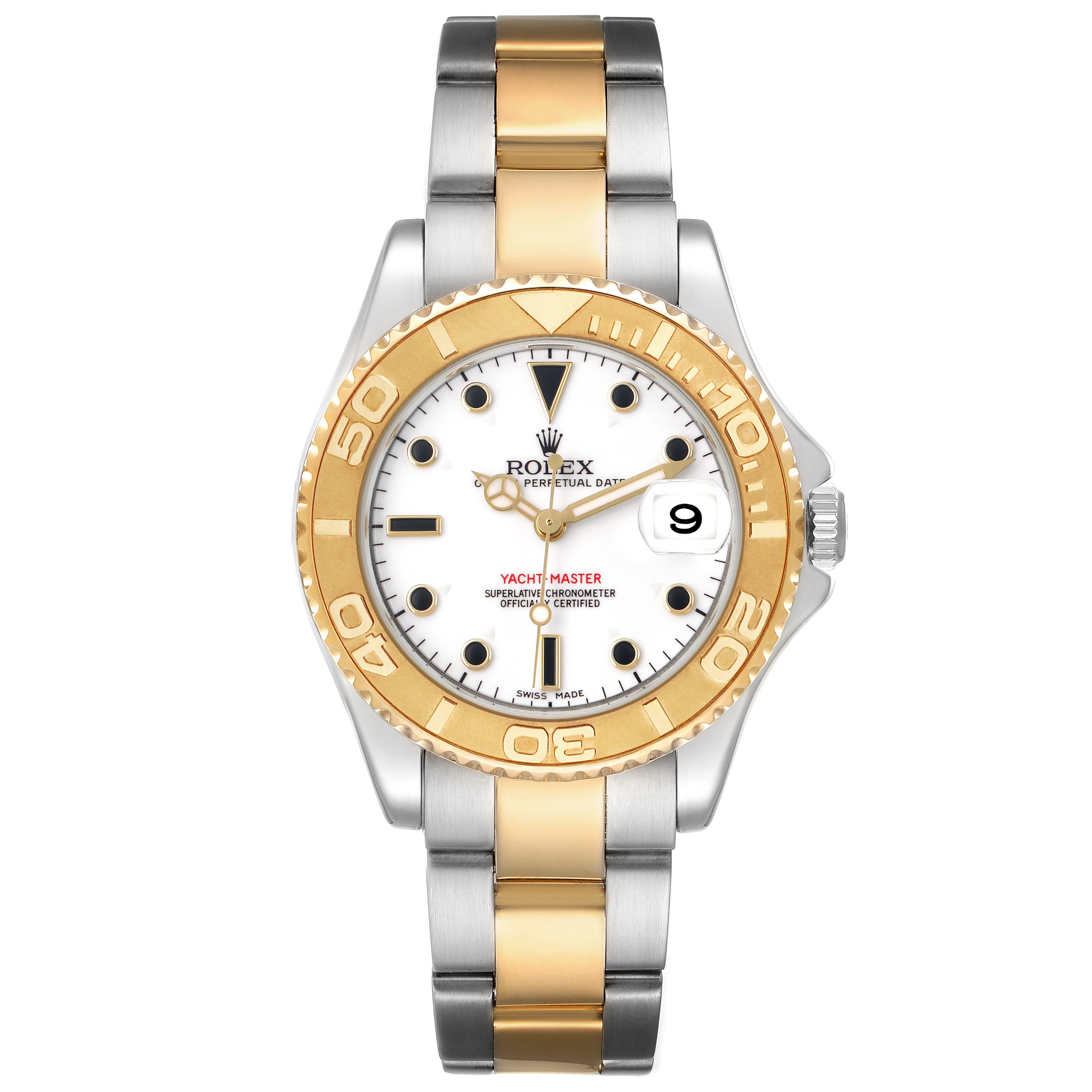 The Rolex Yacht-Master 168623 Men's Steel and Gold (two tone) White Dial watch is shown from the front, highlighting its dial, bezel, and bracelet.