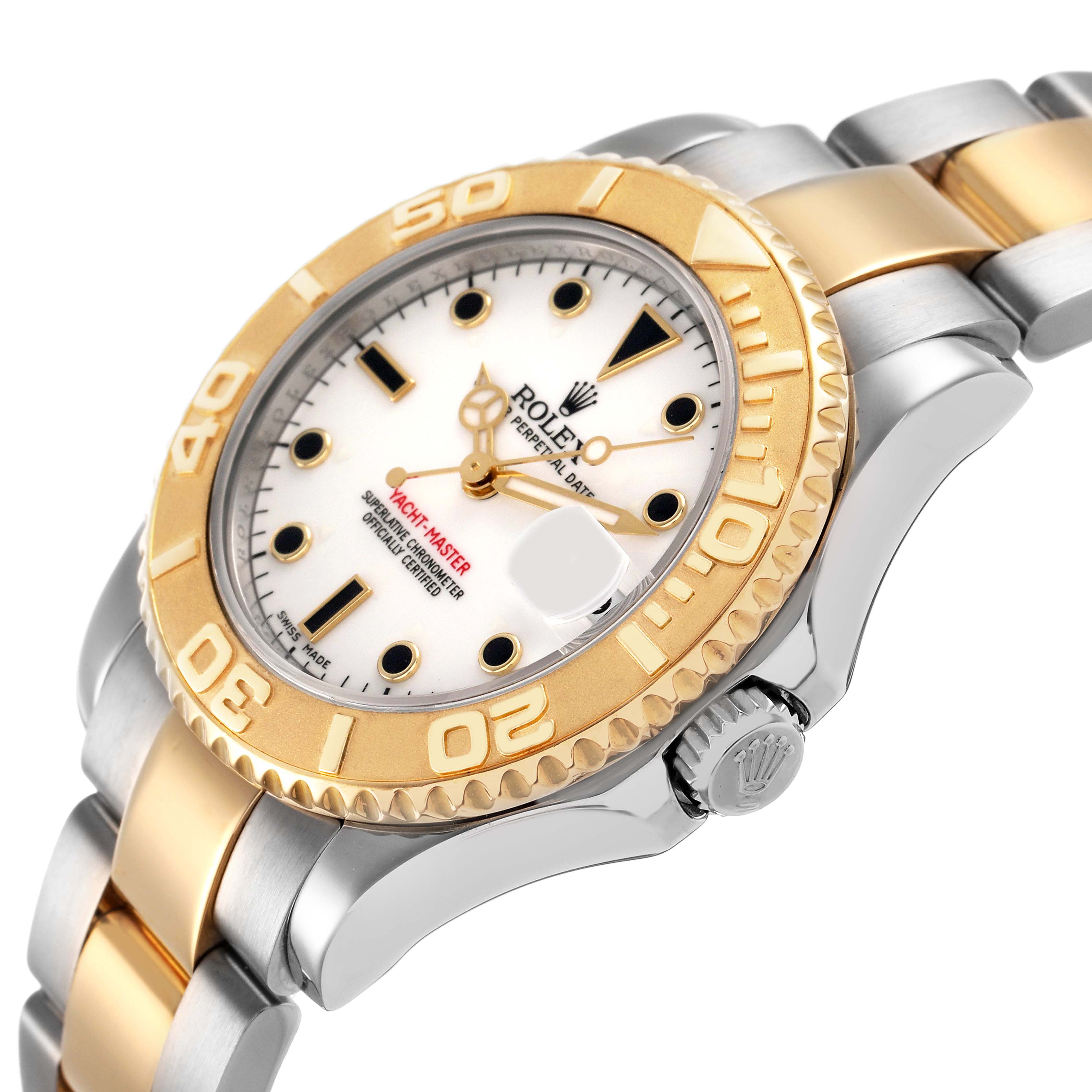 The Rolex Yacht-Master 168623 Men's Steel and Gold (two tone) White Dial is shown at an angle highlighting the bezel, dial, crown, and two-tone bracelet.