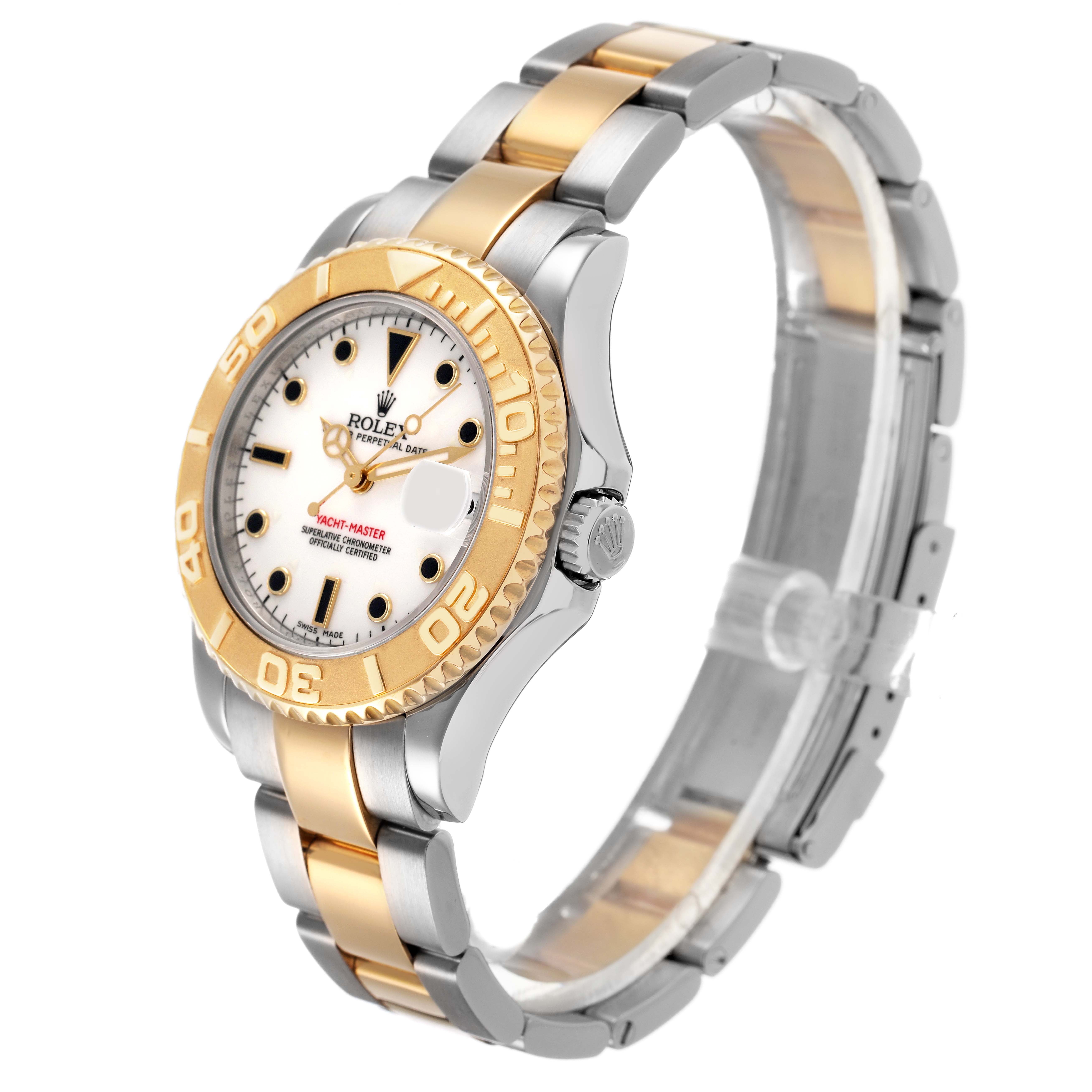 The Rolex Yacht-Master 168623 Men's Steel and Gold (two tone) White Dial watch is shown at a three-quarter angle, highlighting the bezel, dial, and bracelet.