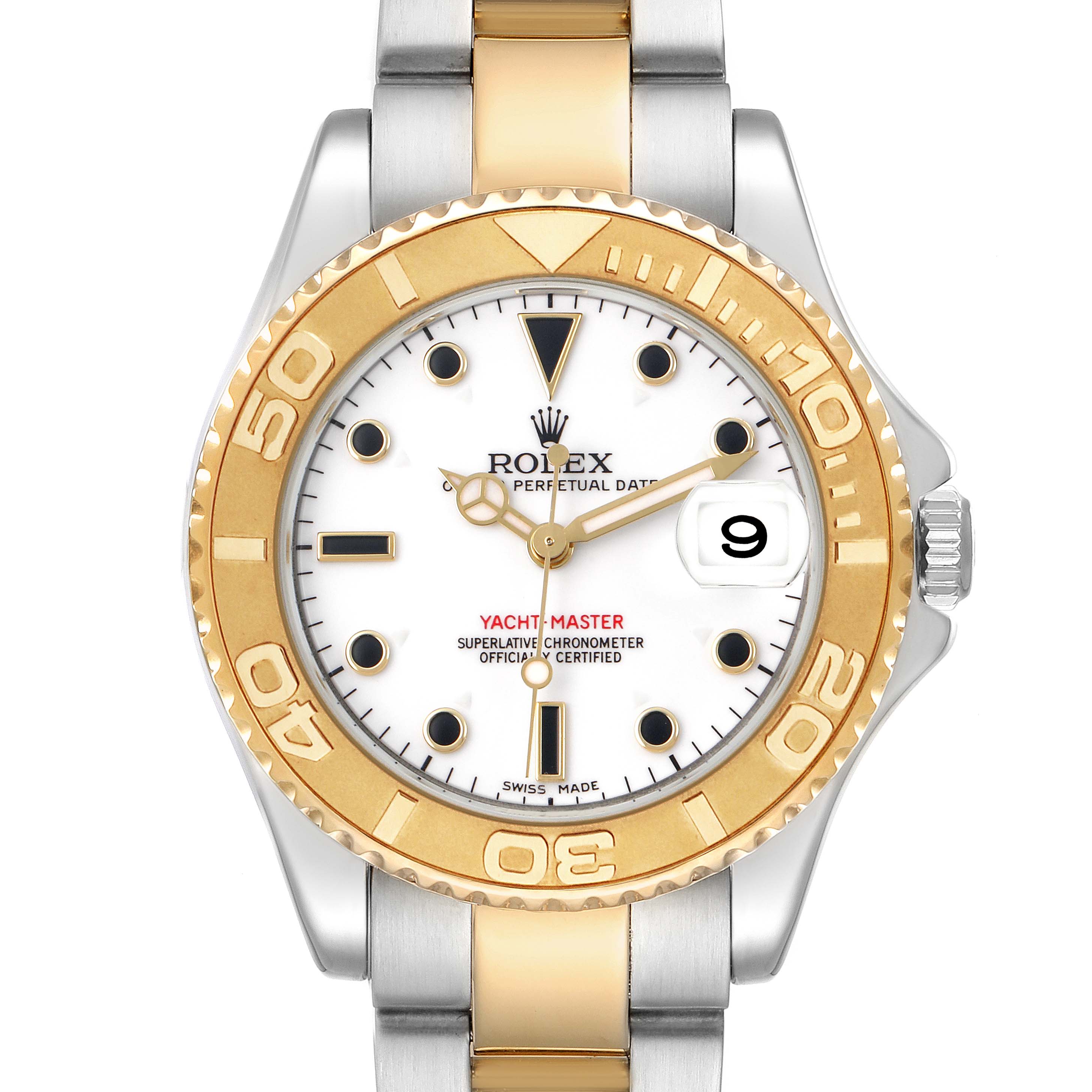 The Rolex Yacht-Master 168623 Men's Steel and Gold (two tone) White Dial watch is shown from a front angle, highlighting the dial, bezel, and part of the bracelet.