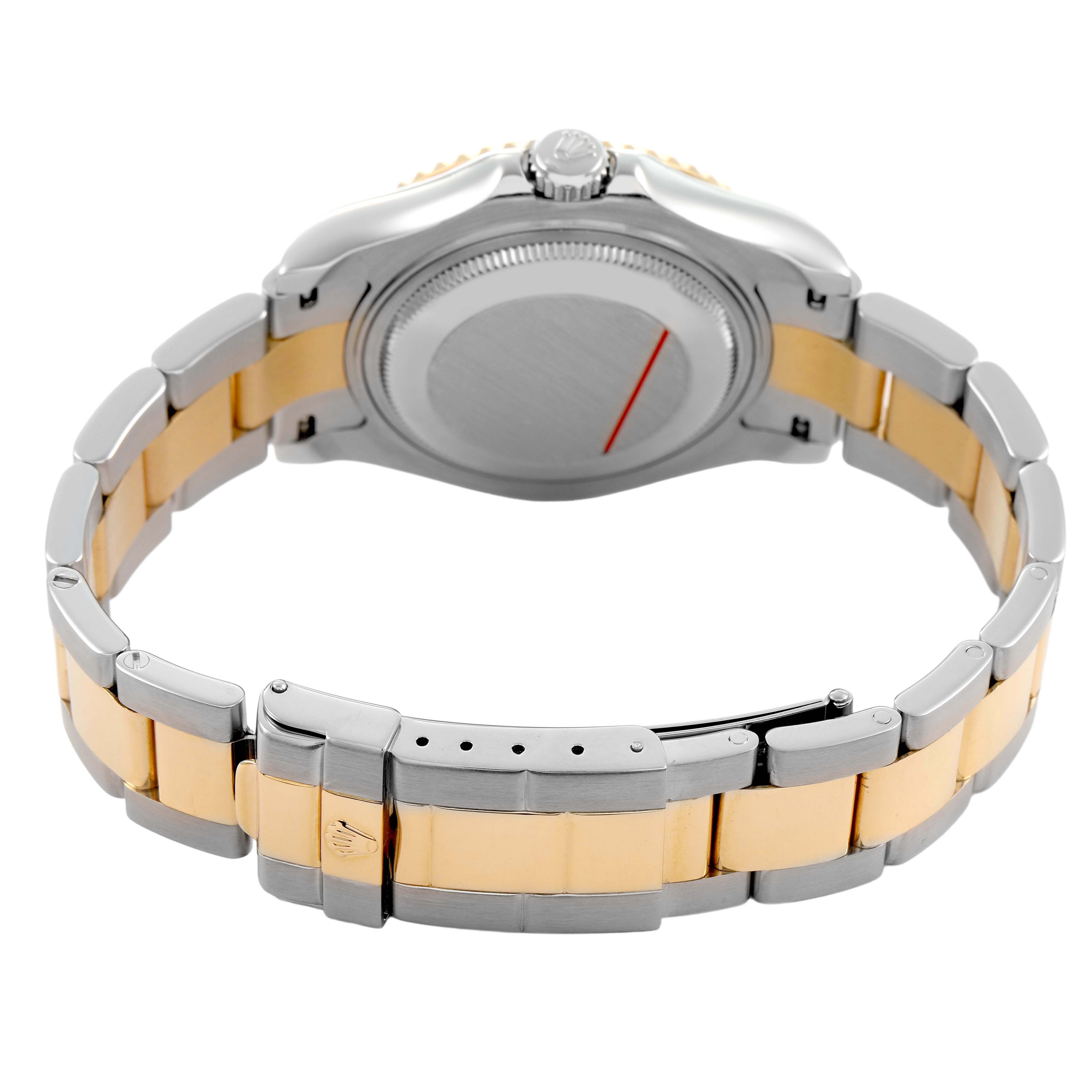 The image shows the back and bracelet of a Rolex Yacht-Master 168623 Men's Steel and Gold (two tone) White Dial watch, highlighting its two-tone metal links.