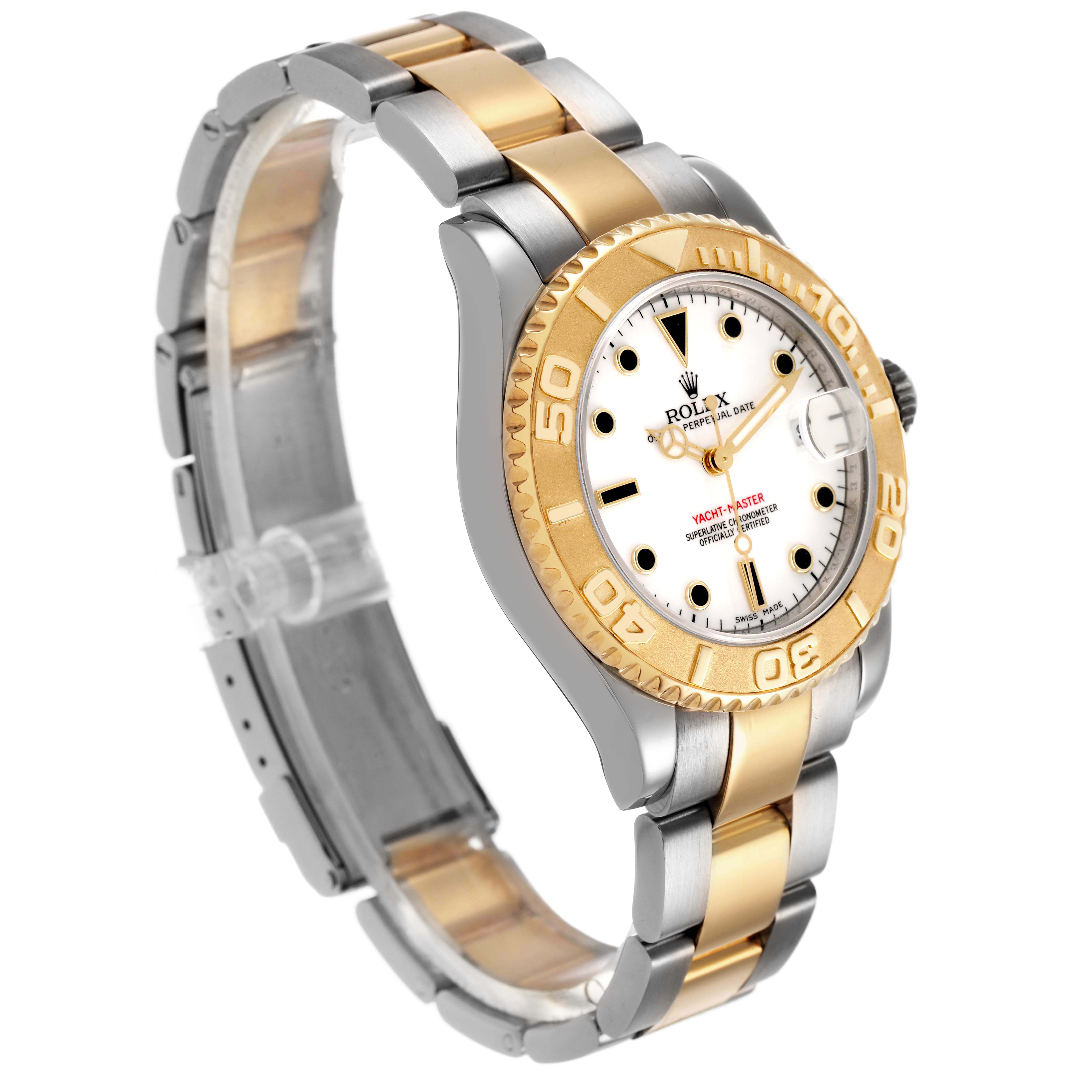 The Rolex Yacht-Master 168623 Men's Steel and Gold (two tone) White Dial is shown at an angled view, highlighting its bezel, dial, bracelet, and clasp.