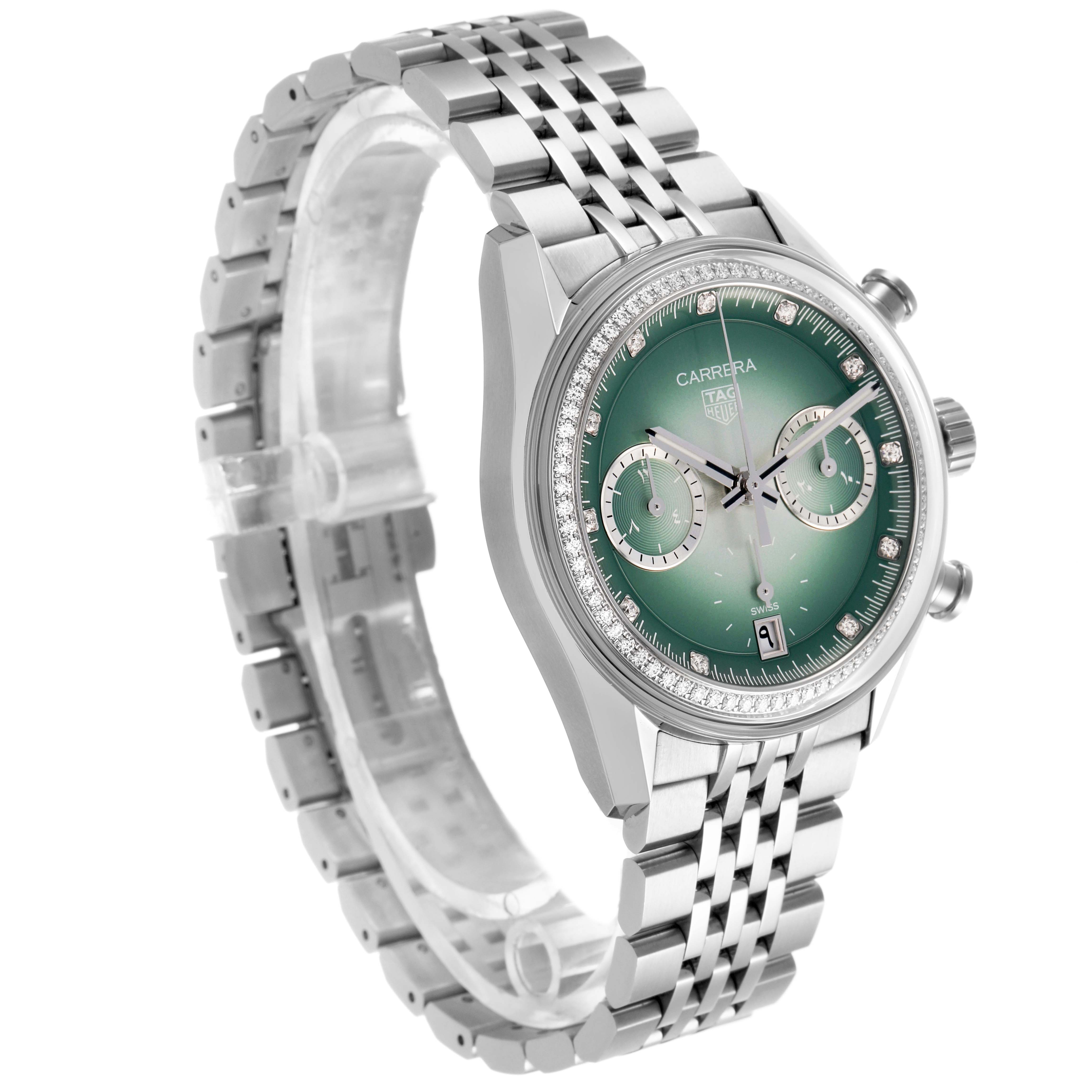 The Tag Heuer Carrera CBS221A Men's Stainless Steel Green Dial watch is shown at a three-quarter angle, highlighting the dial, bezel, bracelet, and side pushers.