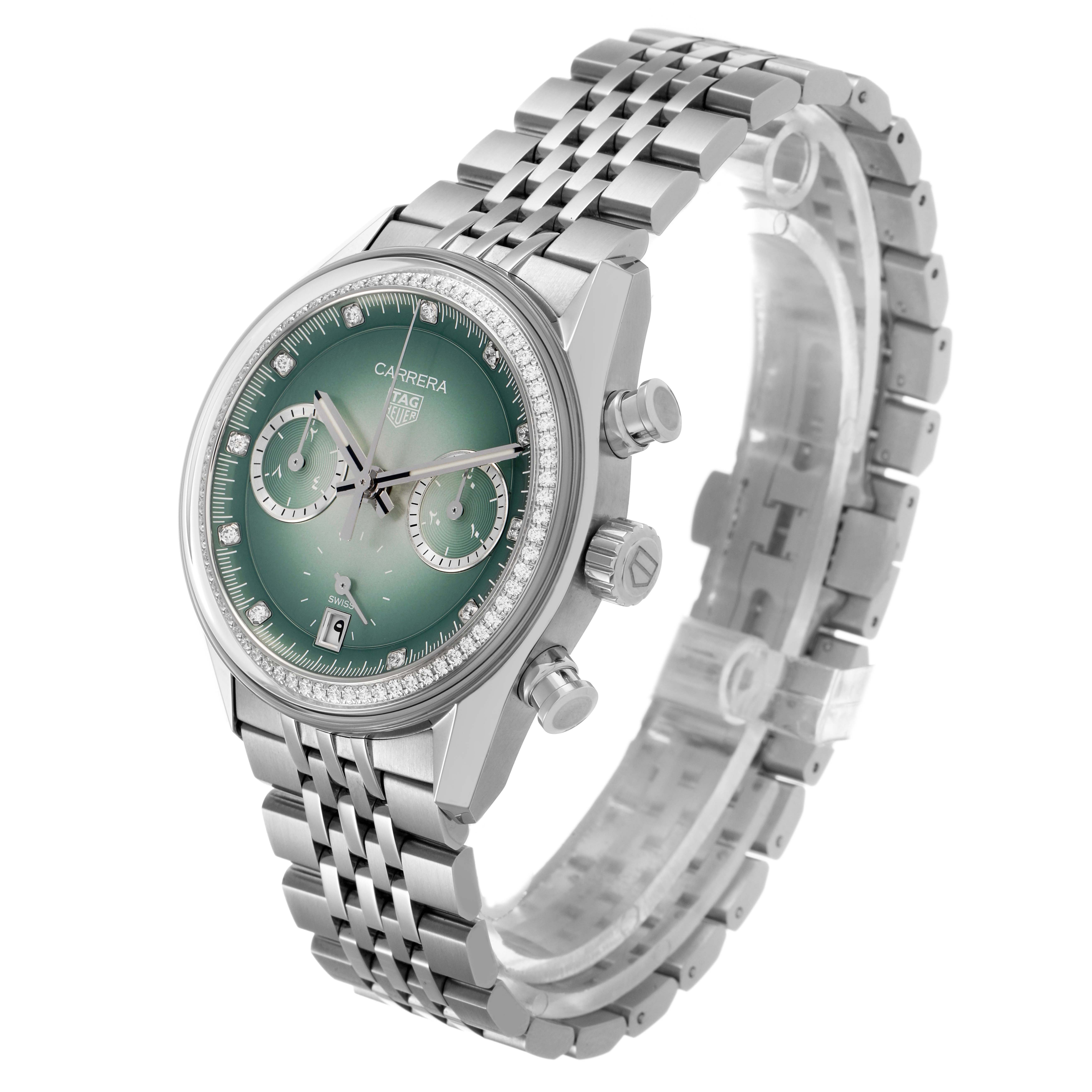 The Tag Heuer Carrera CBS221A Men's Stainless Steel Green Dial watch is shown at a three-quarter angle highlighting the face, crown, pushers, and bracelet.
