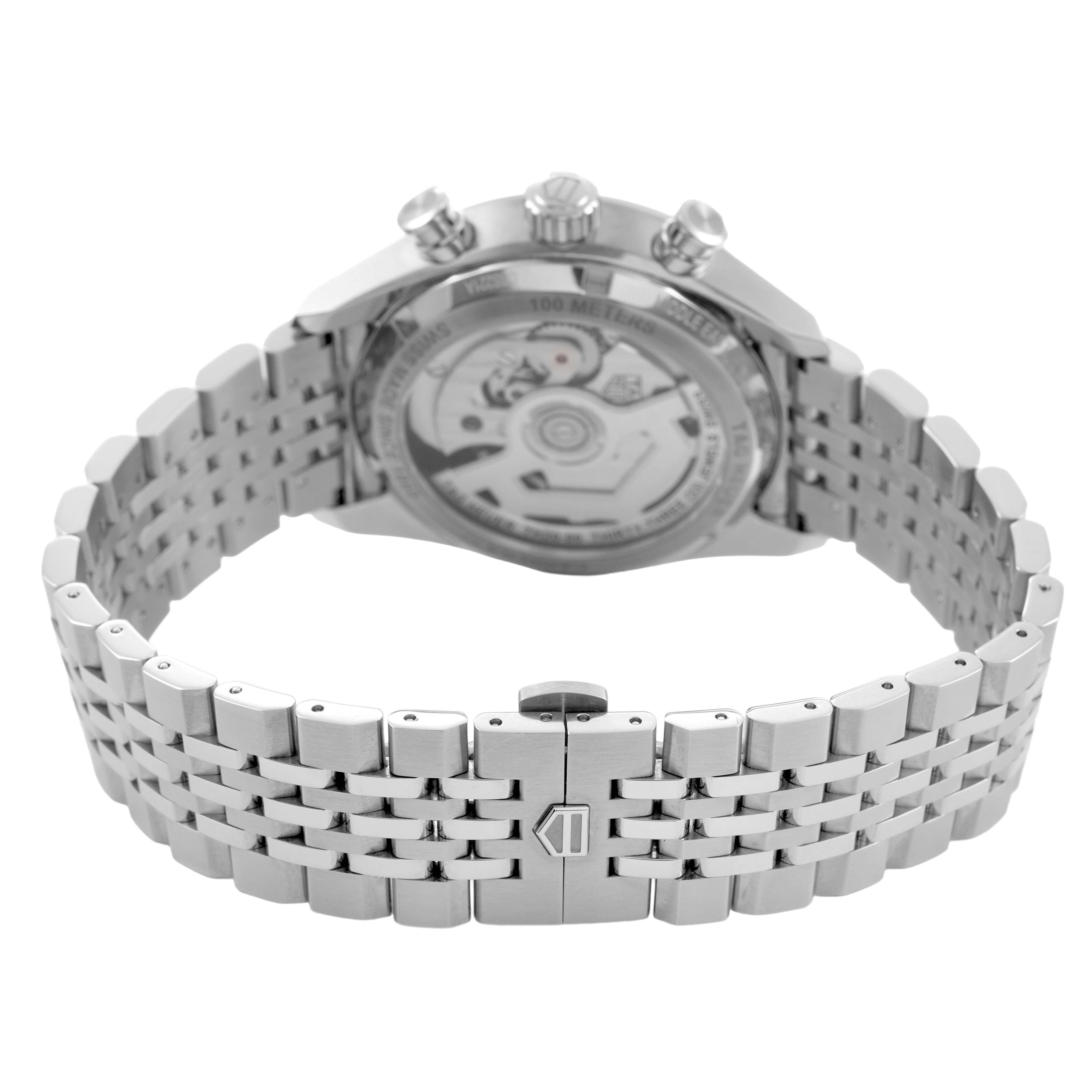 The Tag Heuer Carrera CBS221A Men's Stainless Steel Green Dial watch is shown from the back, highlighting the case back, crown, pushers, and metal bracelet.
