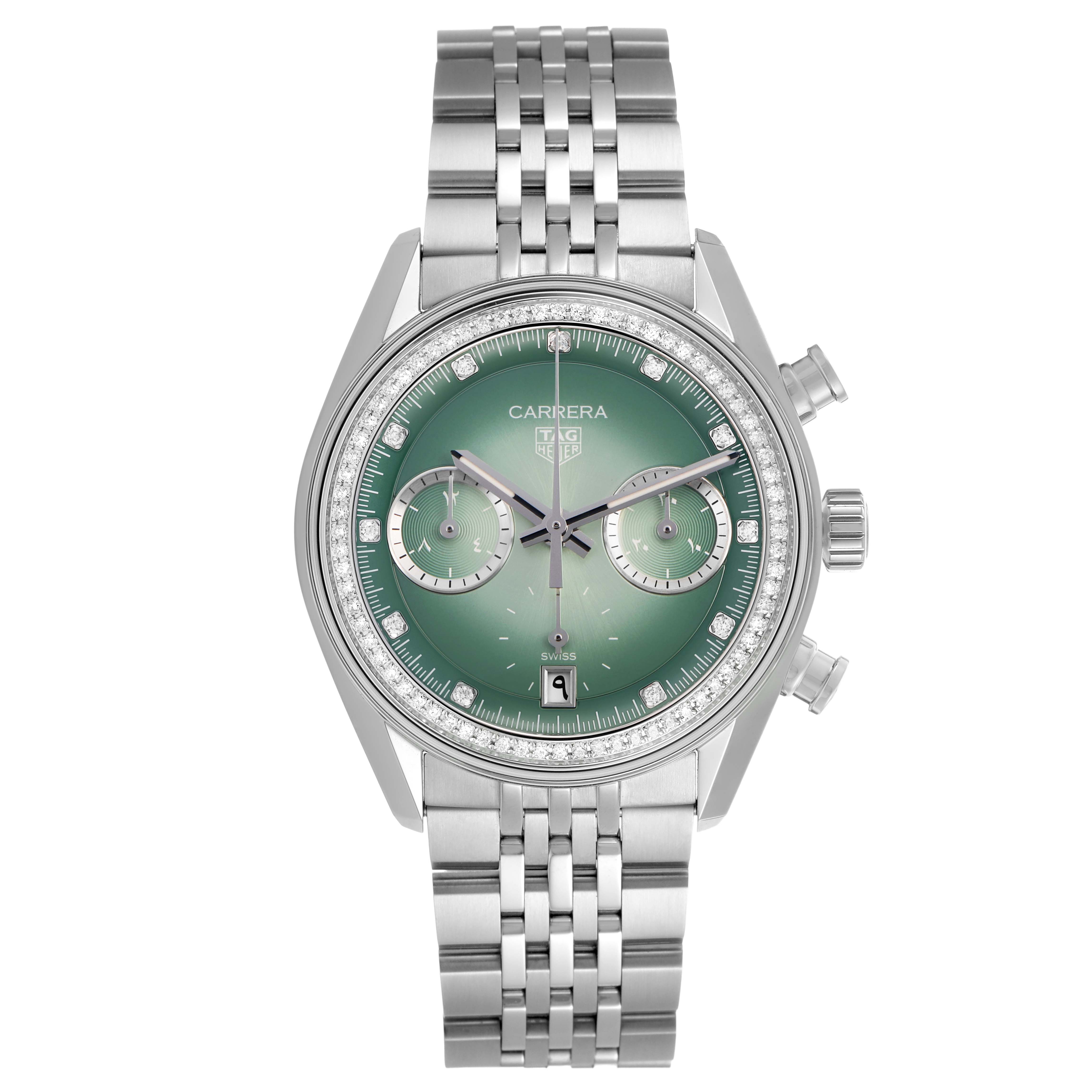 The Tag Heuer Carrera CBS221A Men's Stainless Steel Green Dial watch is shown from the front, highlighting its green dial, subdials, and metal bracelet.