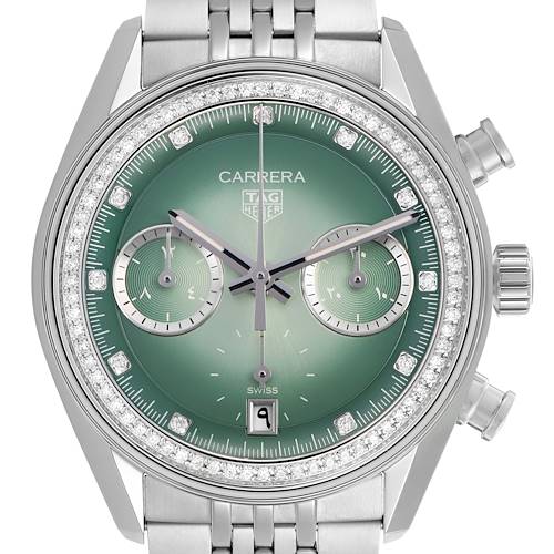 The image shows a front view of the Tag Heuer Carrera CBS221A Men's Stainless Steel Green Dial watch, highlighting the dial, subdials, crown, and tachymeter bezel with diamonds.