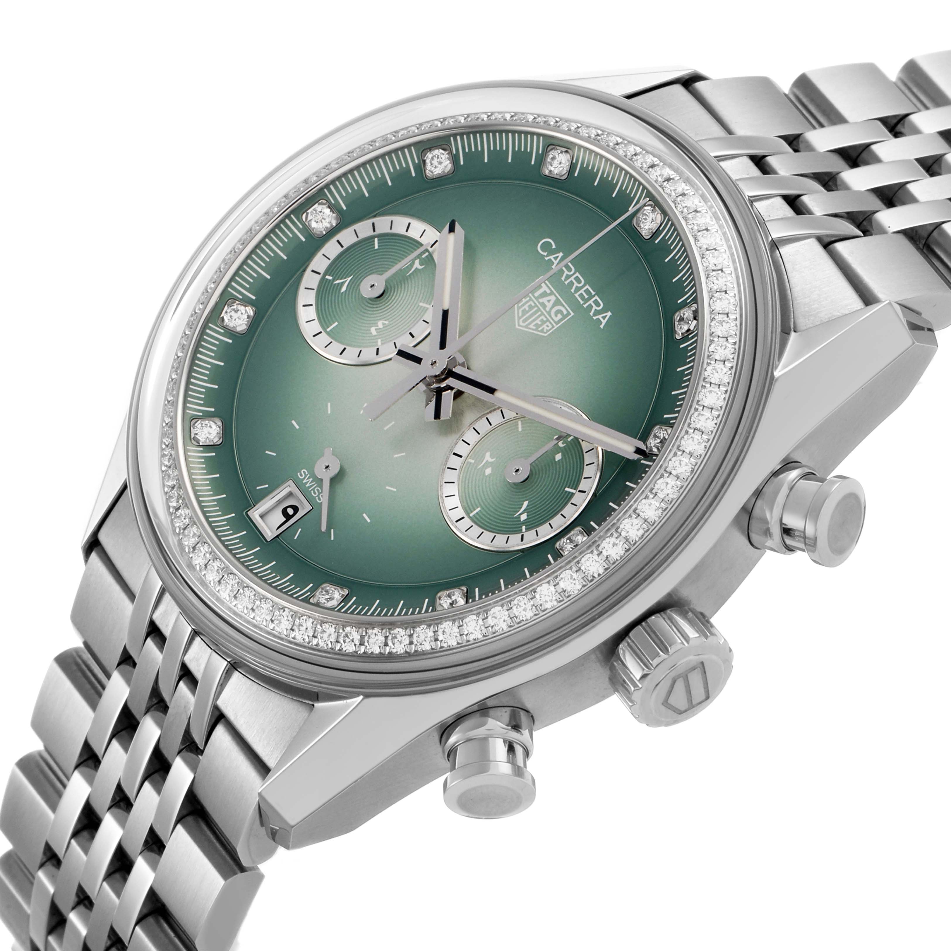 The Tag Heuer Carrera CBS221A Men's Stainless Steel Green Dial watch is shown at an angle highlighting its face, bezel, chronograph dials, crown, and bracelet.