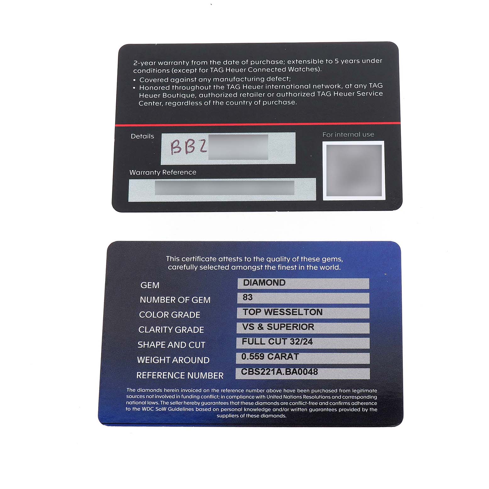 The image shows warranty and gem certification cards for a Tag Heuer Carrera CBS221A Men's Stainless Steel Green Dial watch, displaying details and specifications.