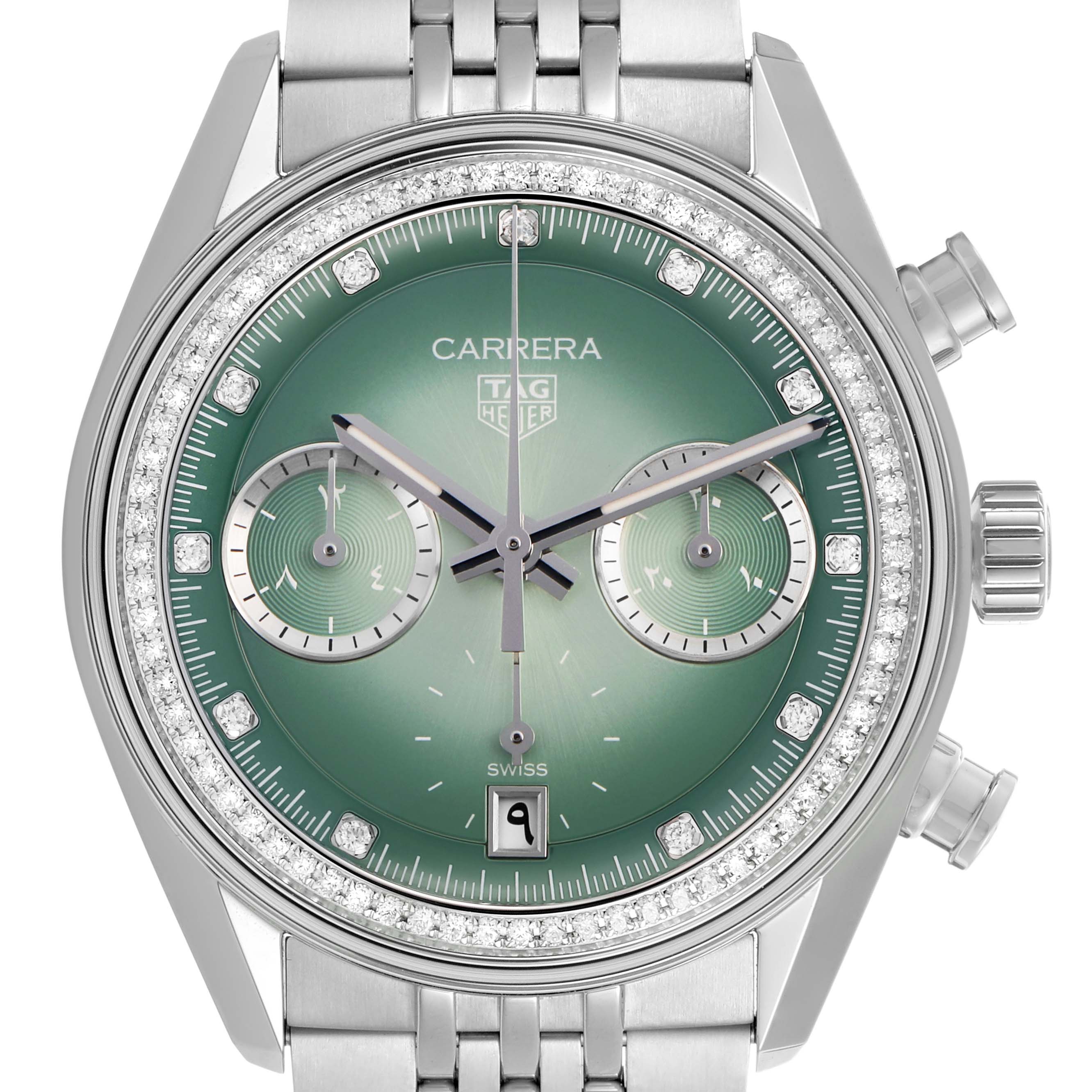 The Tag Heuer Carrera CBS221A Men's Stainless Steel Green Dial watch is shown from a front angle, displaying its dial, subdials, and bracelet.