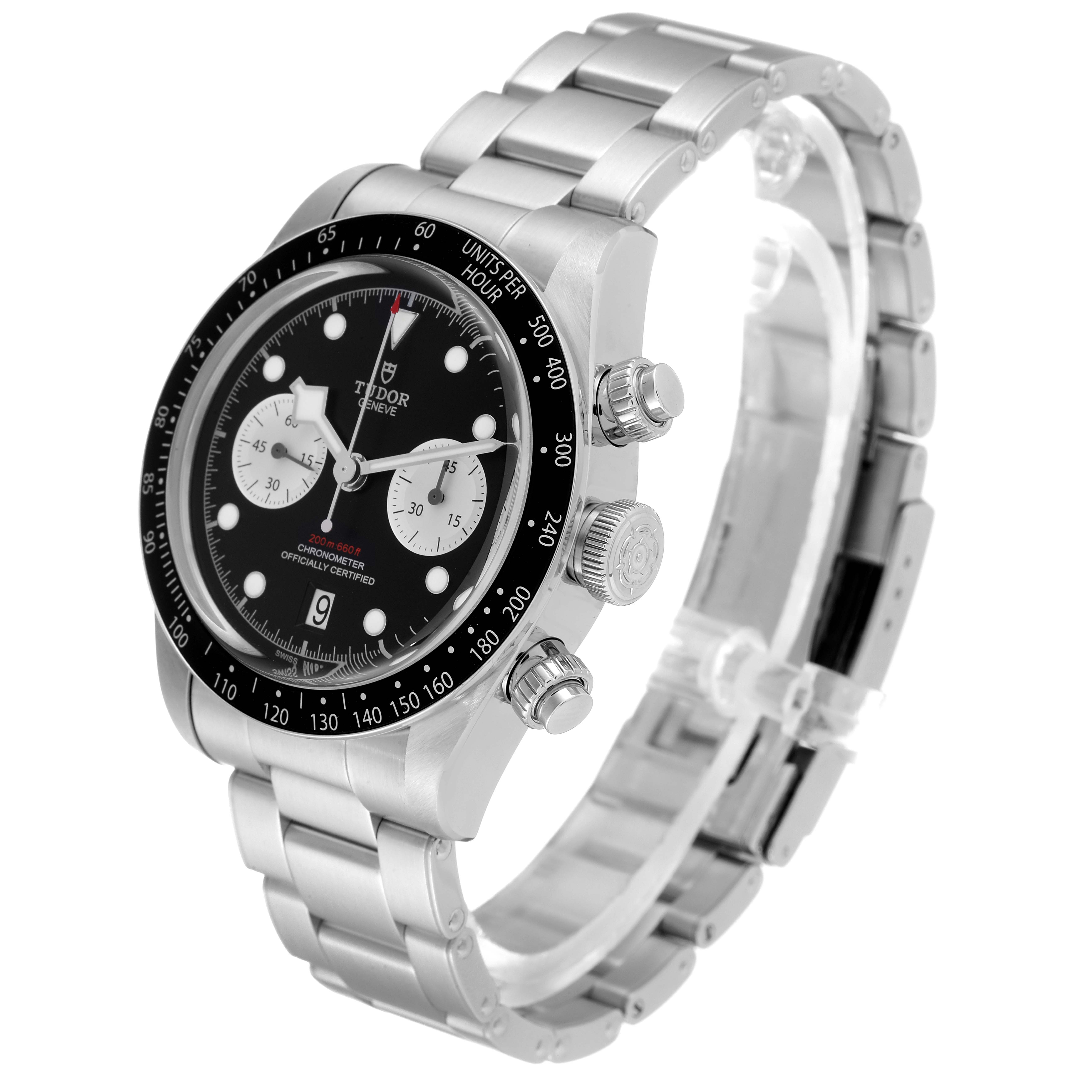 The Tudor Heritage Chrono 79360N Men's Stainless Steel Black Dial 79360N Men's Stainless Steel Black Dial watch is shown at a three-quarter angle, displaying the watch face, bezel, crown, and bracelet.