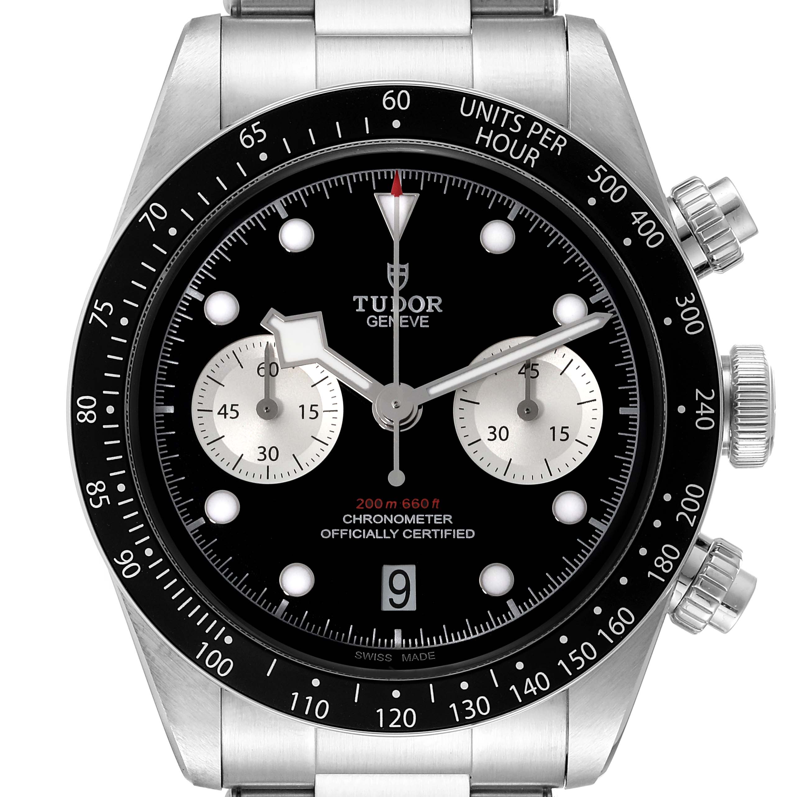 The image shows a front view of the Tudor Heritage Chrono 79360N Men's Stainless Steel Black Dial 79360N Men's Stainless Steel Black Dial watch, displaying the dial, bezel, pushers, and part of the bracelet.