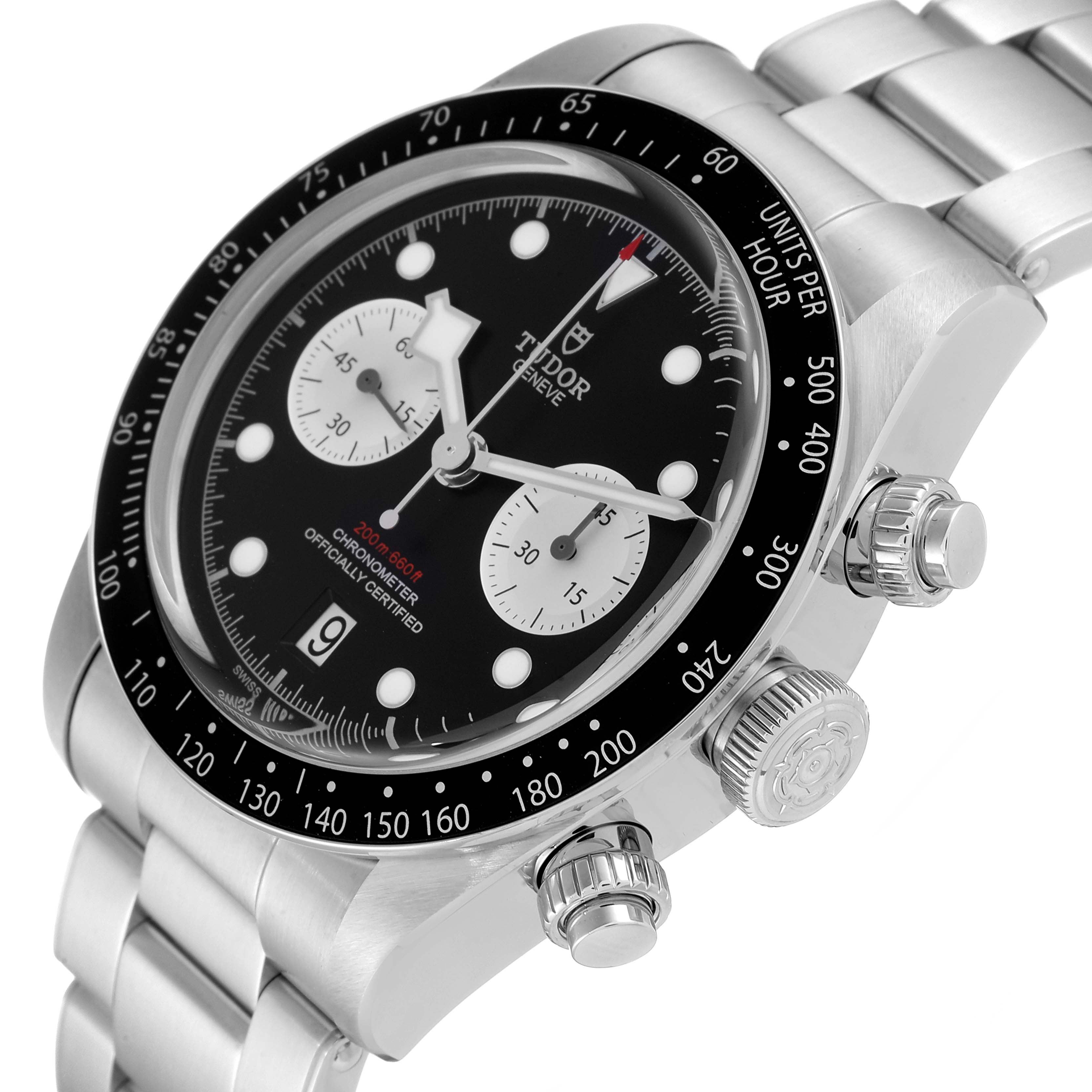 The image shows a Tudor Heritage Chrono 79360N Men's Stainless Steel Black Dial 79360N Men's Stainless Steel Black Dial watch at an angled side view, highlighting the dial, bezel, crown, and pushers.