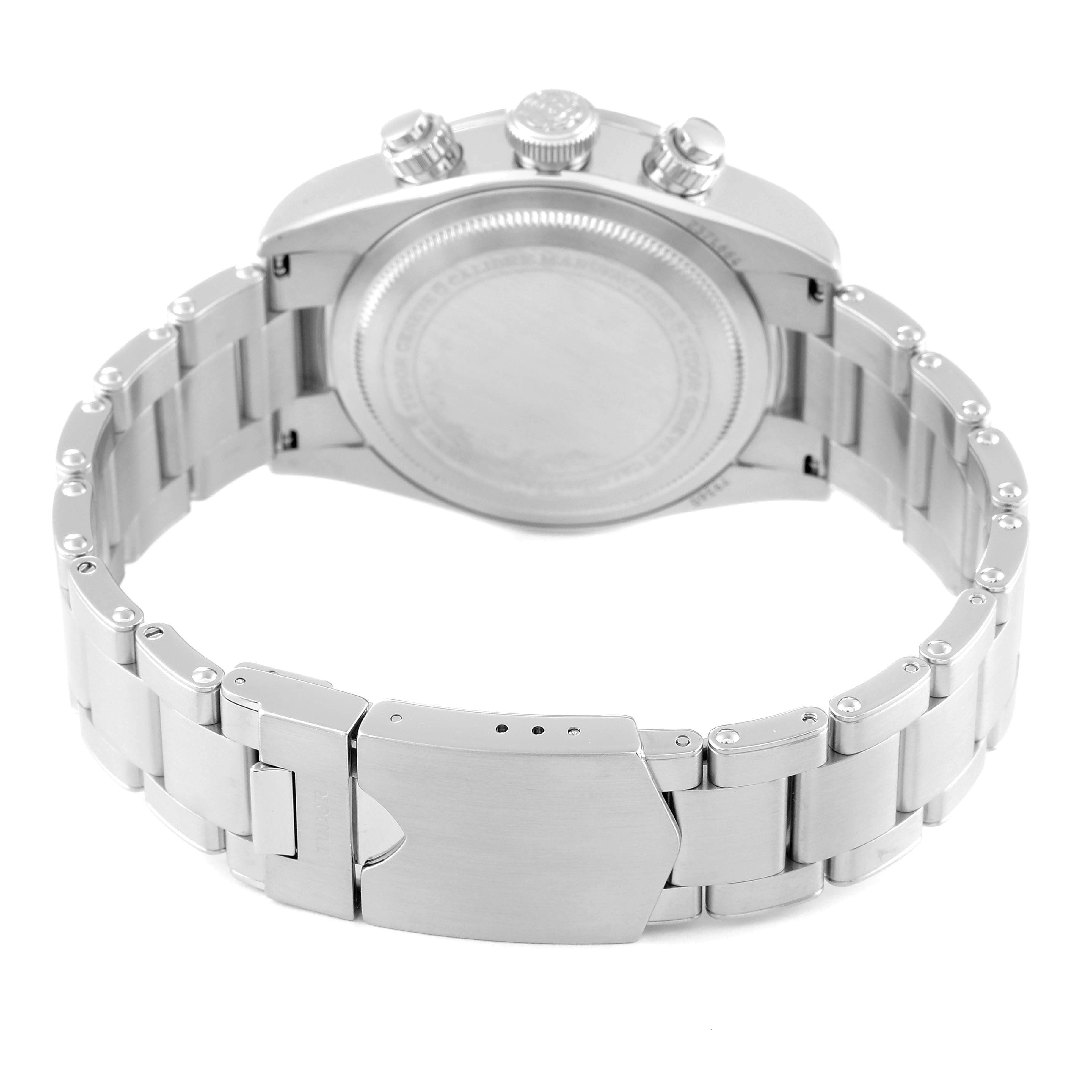 The image shows the back view of a Tudor Heritage Chrono 79360N Men's Stainless Steel Black Dial 79360N Men's Stainless Steel Black Dial watch, highlighting its case back and stainless steel bracelet with a clasp.